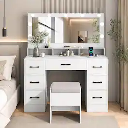 WELLFOR - Makeup Vanity Desk with Lights & Charging Station, Modern Vanity Desk Set with 7 Drawers & Storage Stool for Bedroom - White