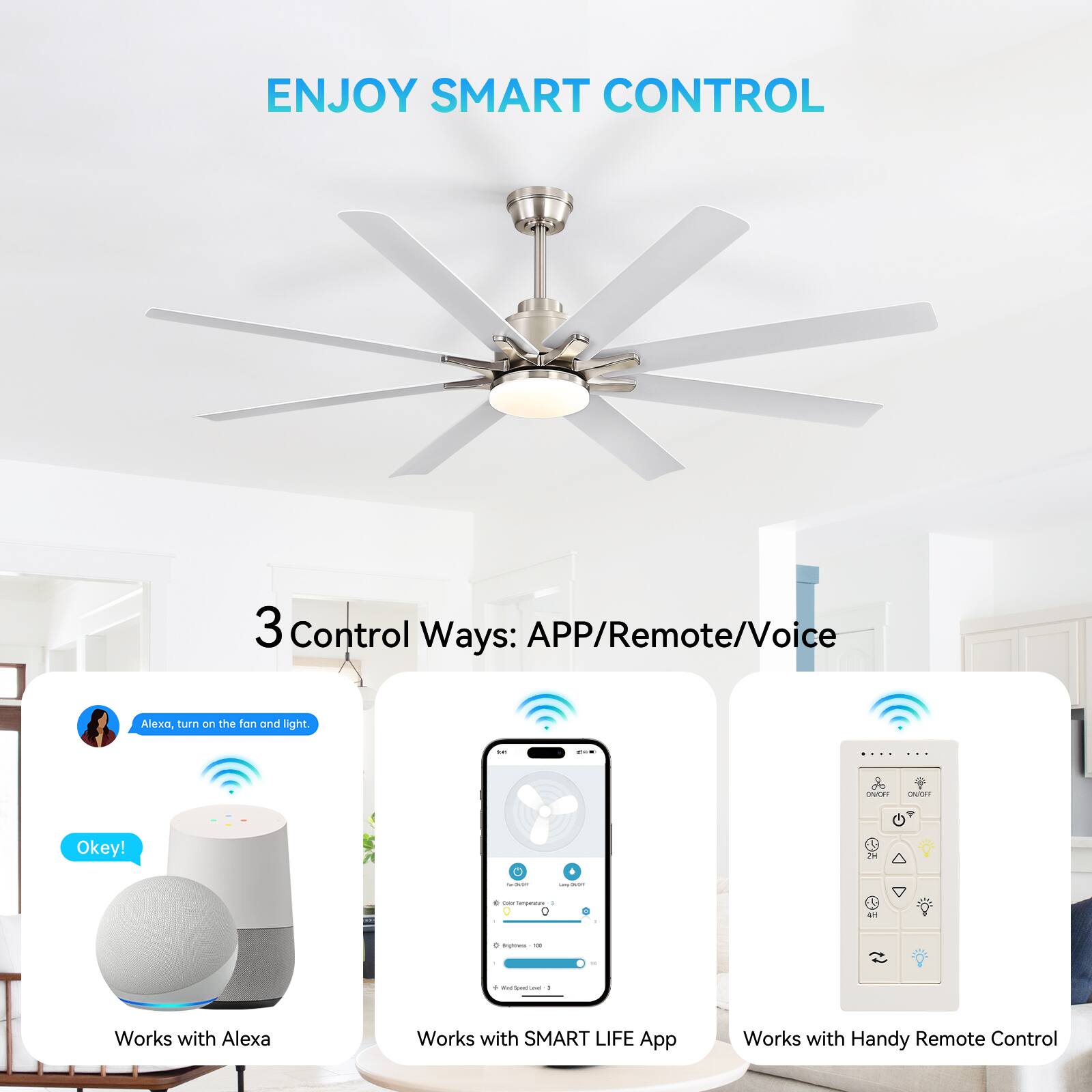 ENJOY SMART CONTROL

3 Control Ways: APP/Remote/Voice

- Works with Alexa
- Works with SMART LIFE App
- Works with Handy Remote Control
