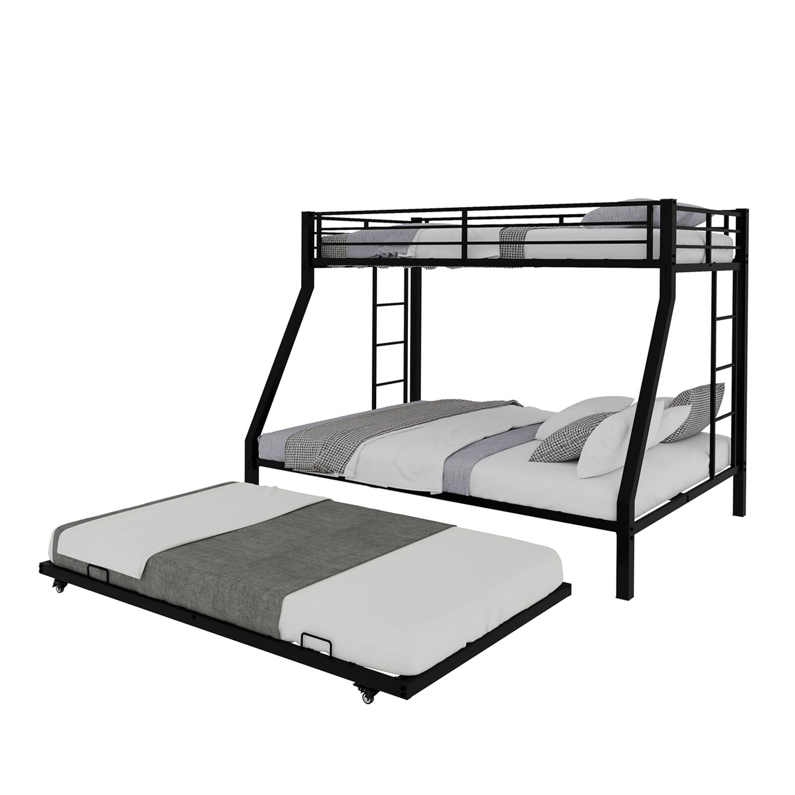 Alt View 7. Loheer - Loheer Twin XL Over Queen Metal Triple Bunk Bed with Trundle Heavy Duty Black Steel Frame - Black.