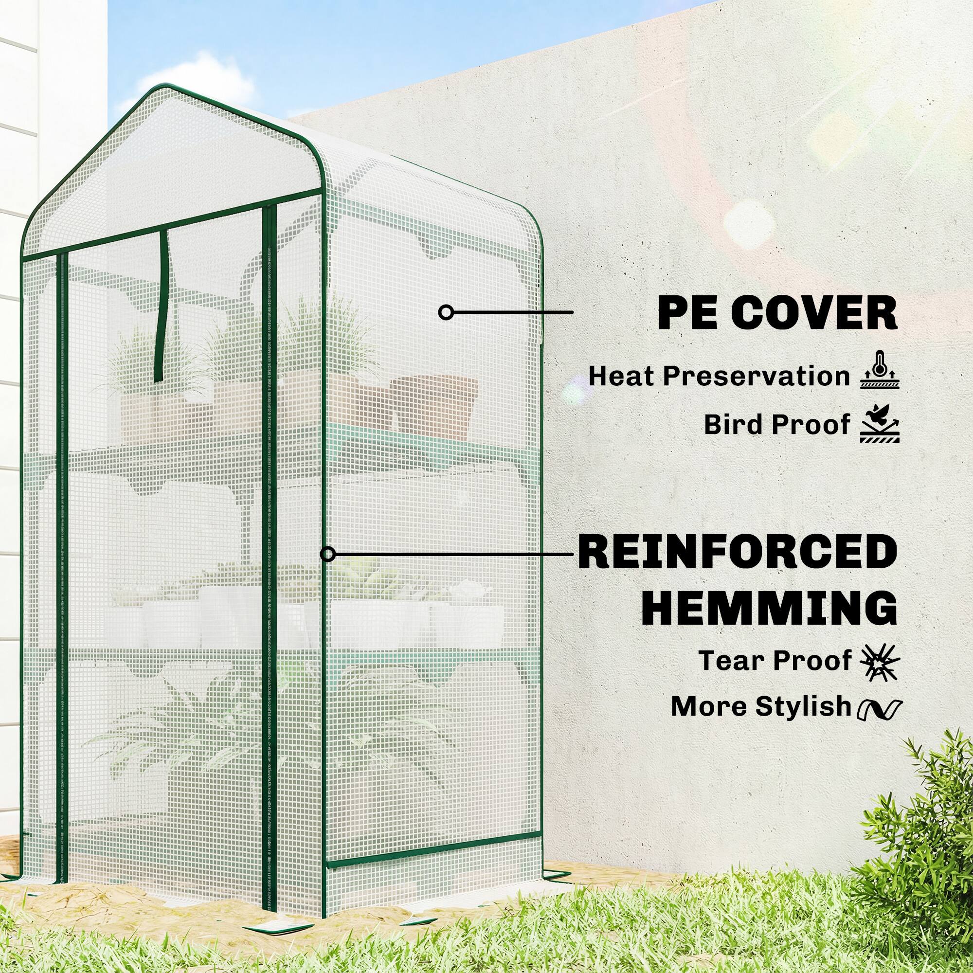 PE COVER  
Heat Preservation  
Bird Proof  

REINFORCED HEMMING  
Tear Proof  
More Stylish
