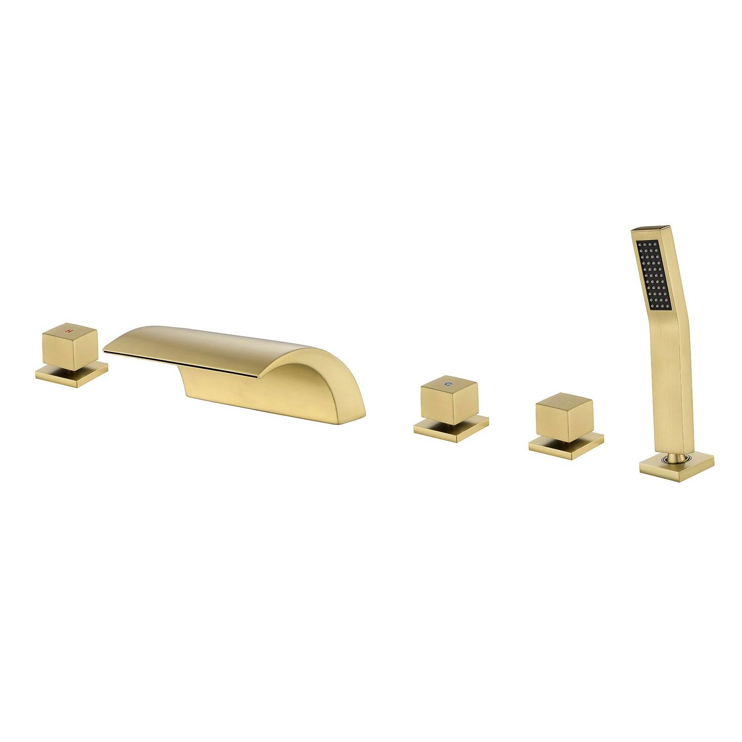 Alt View 1. Boyel Living - Brushed Gold Cold and Hot Water Five Hole Installation Waterfall Bath Tub Faucet with Handheld Shower - Brushed Gold.