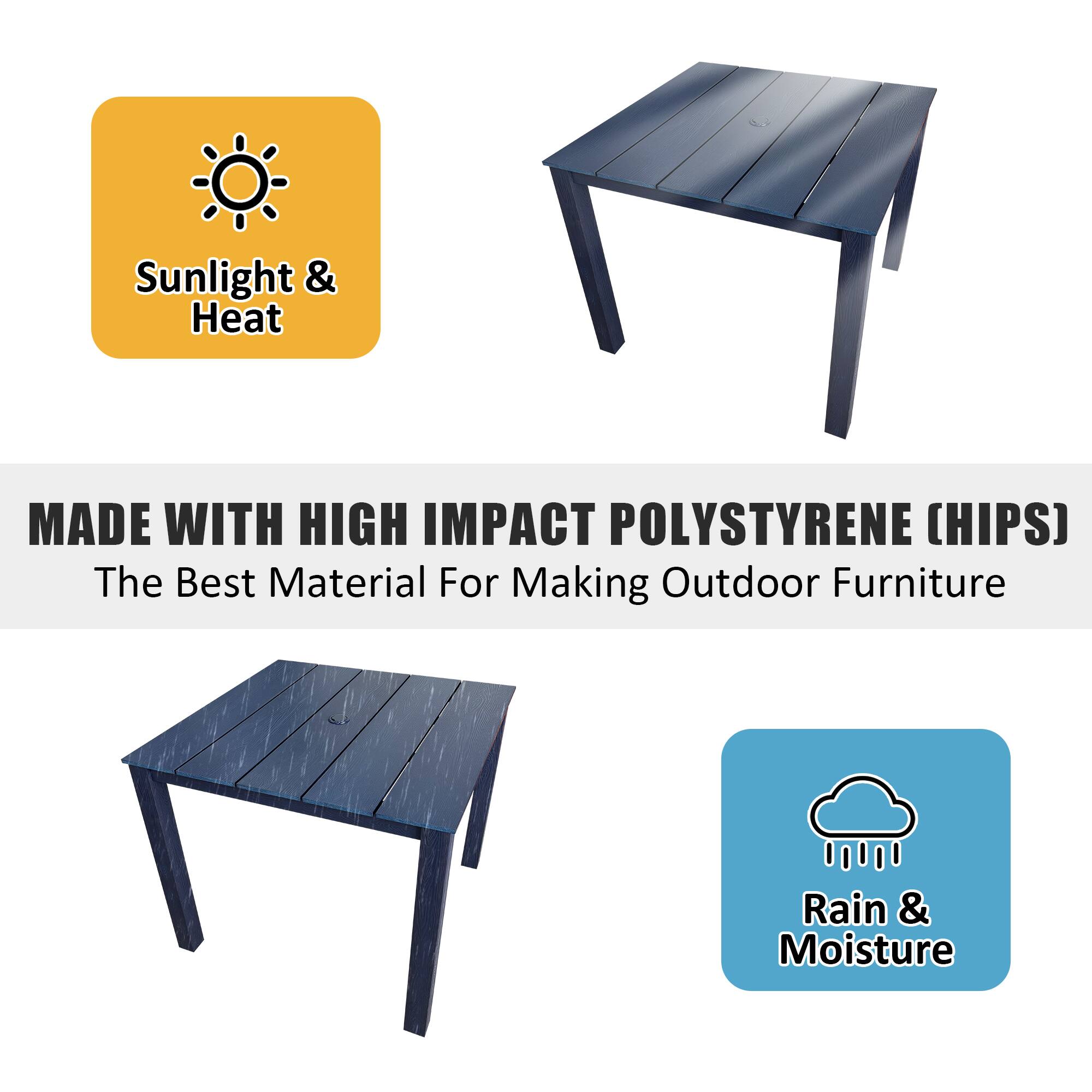 Sunlight & Heat

MADE WITH HIGH IMPACT POLYSTYRENE (HIPS)
The Best Material For Making Outdoor Furniture

Rain & Moisture
