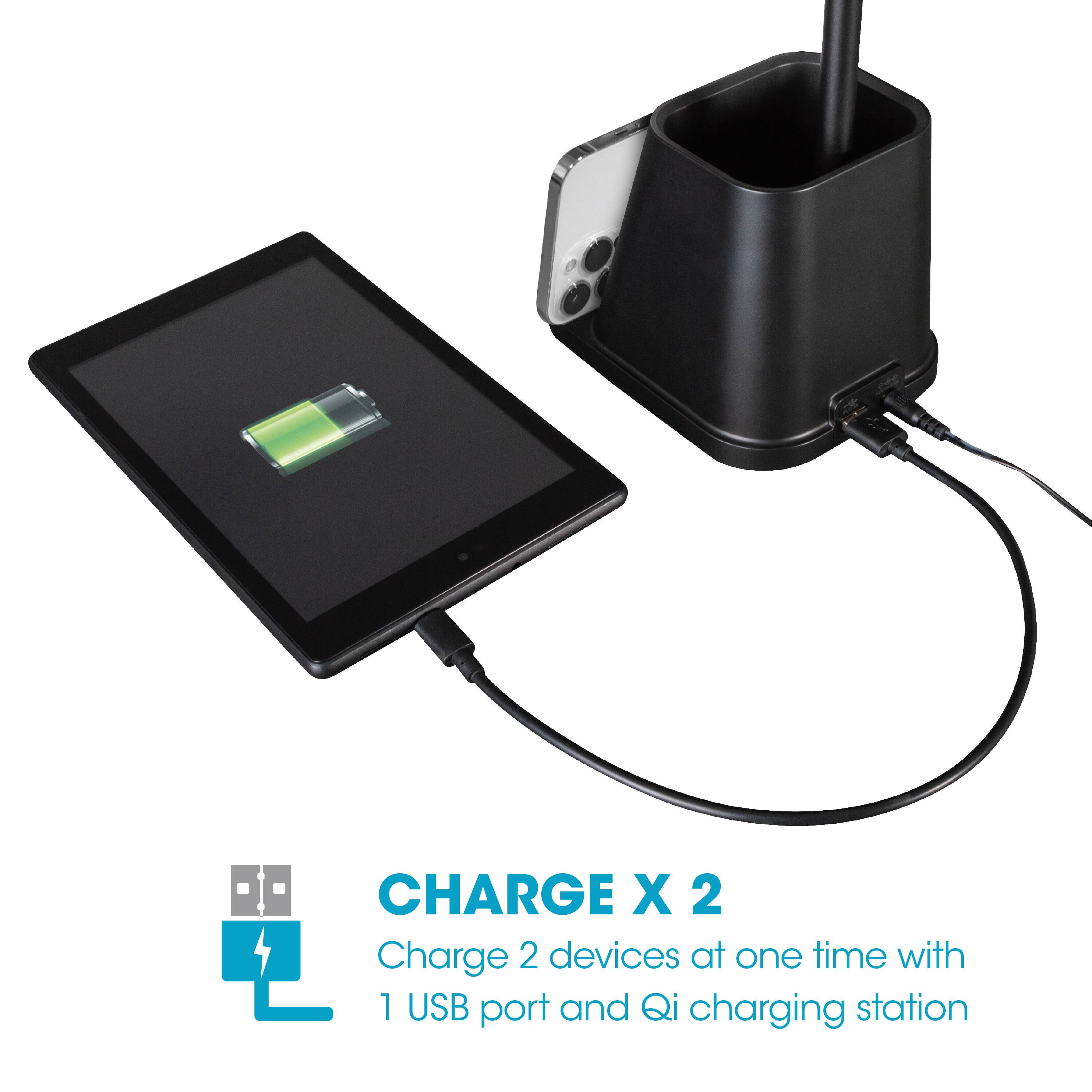 CHARGE X 2: Charge 2 devices at one time with 1 USB port and Qi charging station.