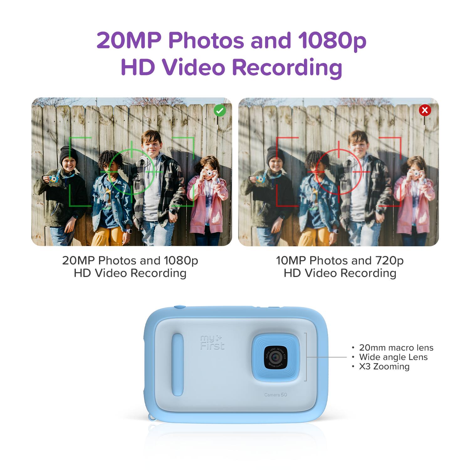 20MP Photos and 1080p HD Video Recording

20MP Photos and 1080p HD Video Recording

10MP Photos and 720p HD Video Recording

- 20mm macro lens
- Wide angle Lens
- X3 Zooming