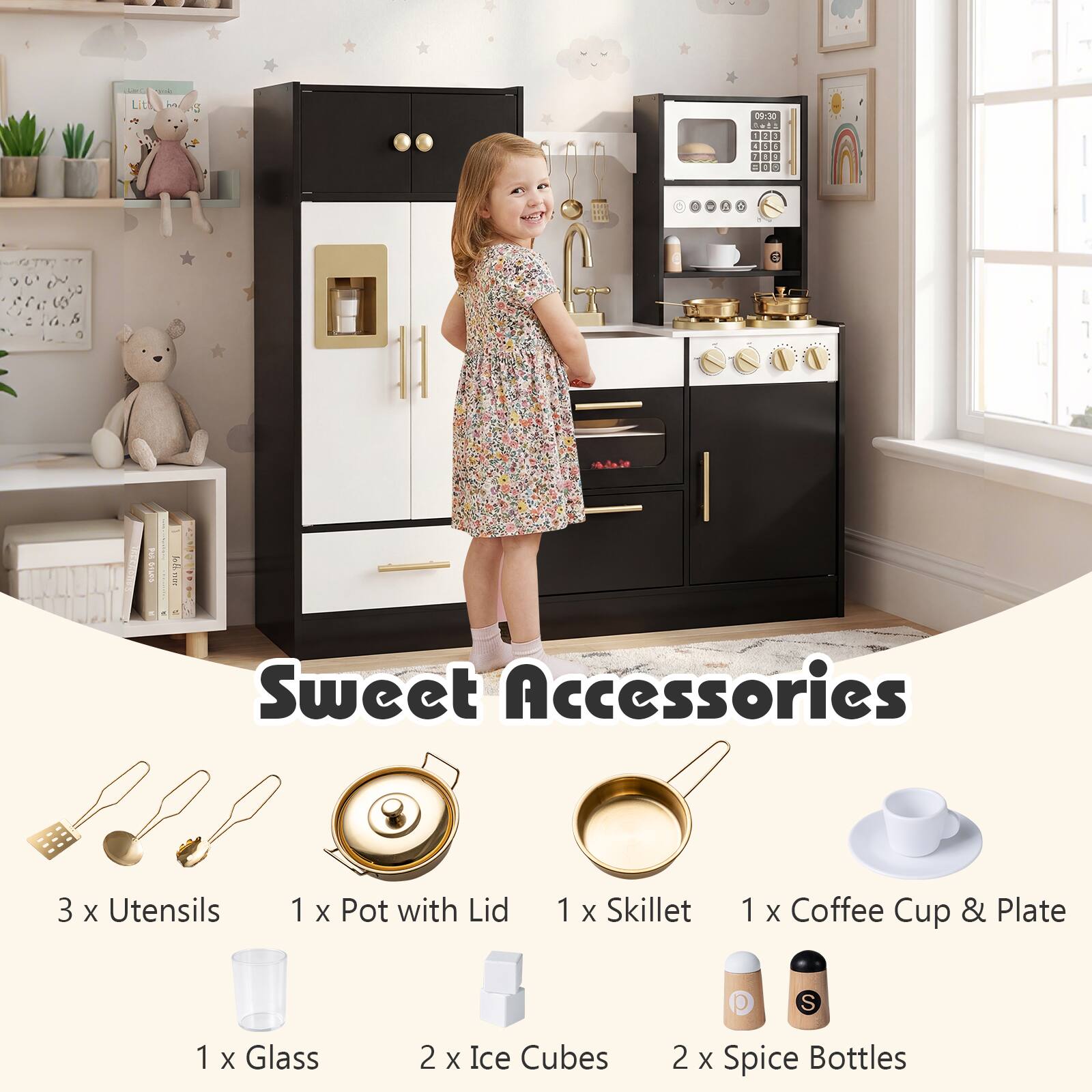Lit
hey
09:30 / 1 A S at DE :
en i' : S
GILUS
folionas u
Sweet Accessories
3 x Utensils
1 x Pot with Lid
1 x Skillet
1 x Coffee Cup & Plate
1 x Glass
2 x Ice Cubes
2 x Spice Bottles