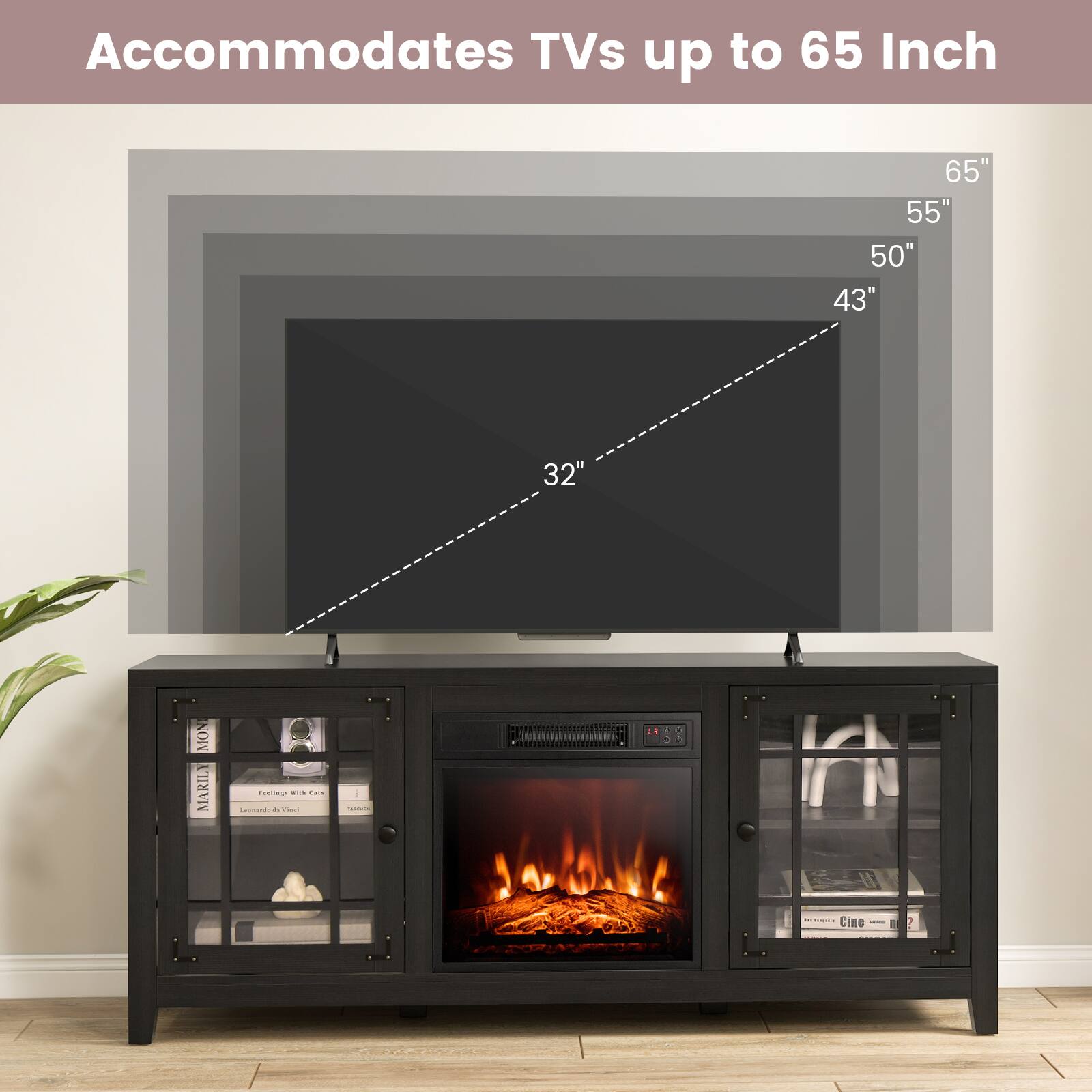 Accommodates TVs up to 65 Inch 65" 55" 50" 43" 32"