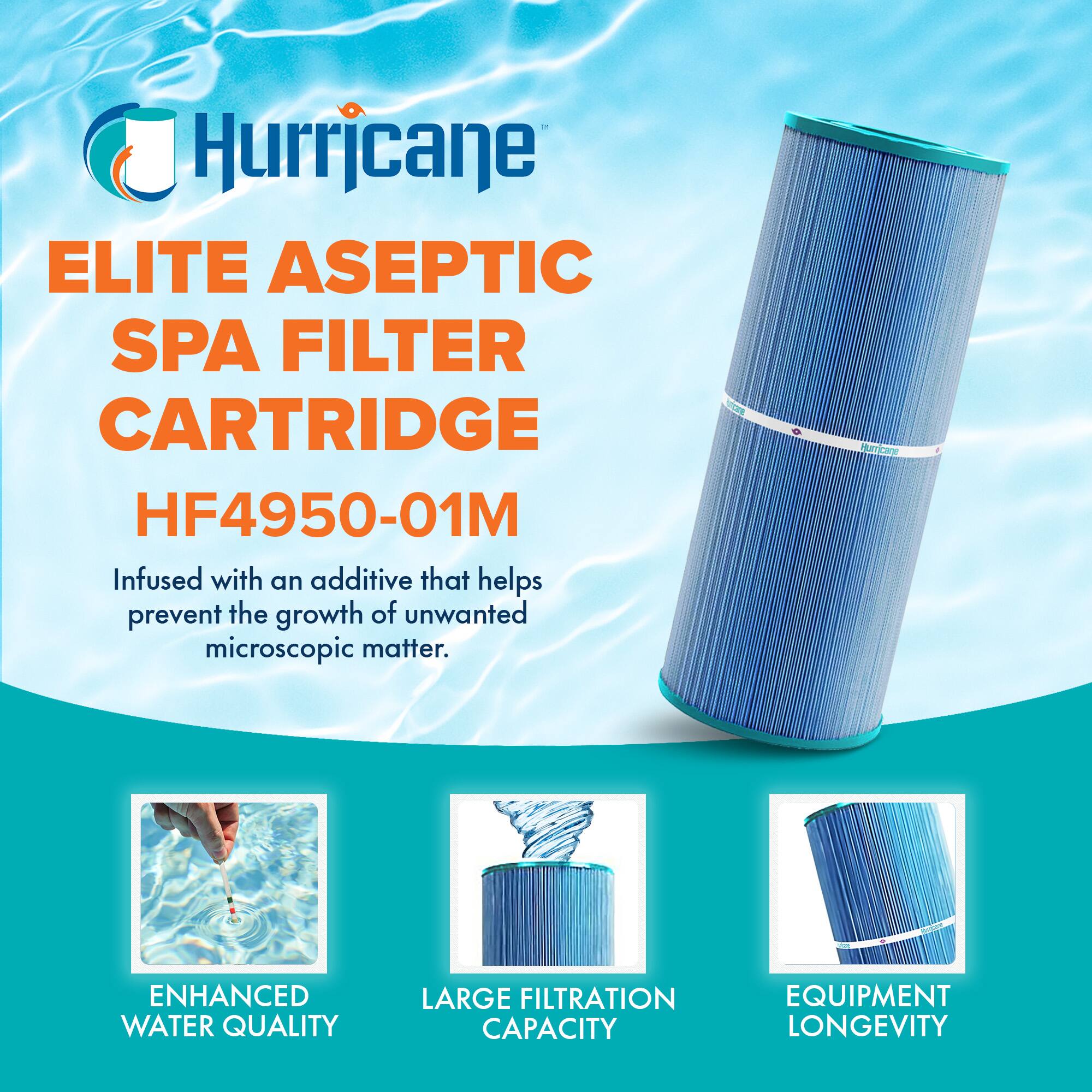 Hurricane

ELITE ASEPTIC SPA FILTER CARTRIDGE  
HF4950-01M

Infused with an additive that helps prevent the growth of unwanted microscopic matter.

- ENHANCED WATER QUALITY
- LARGE FILTRATION CAPACITY
- EQUIPMENT LONGEVITY