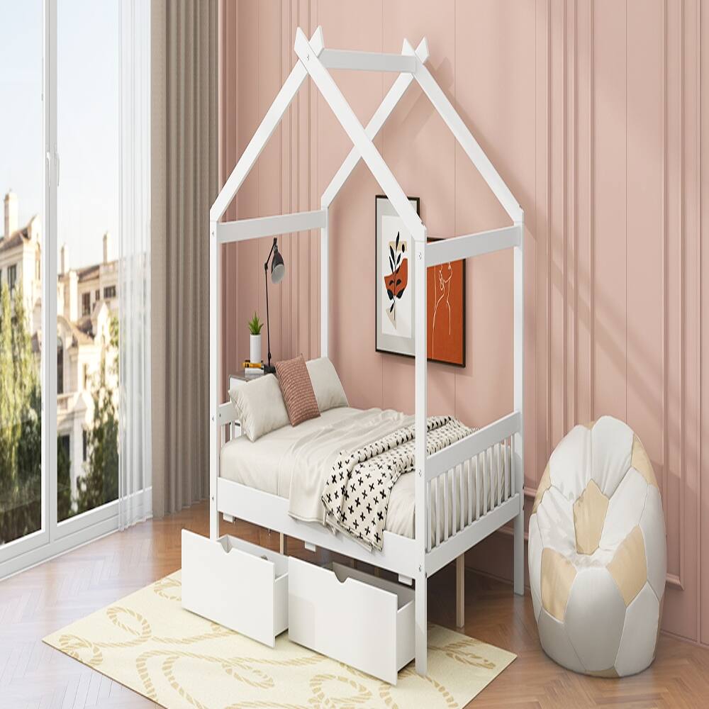 Alt View 1. Loheer - Loheer Full Size House Platform Bed with Two Drawers, Roof Design White Bed Frame for Kids - White.