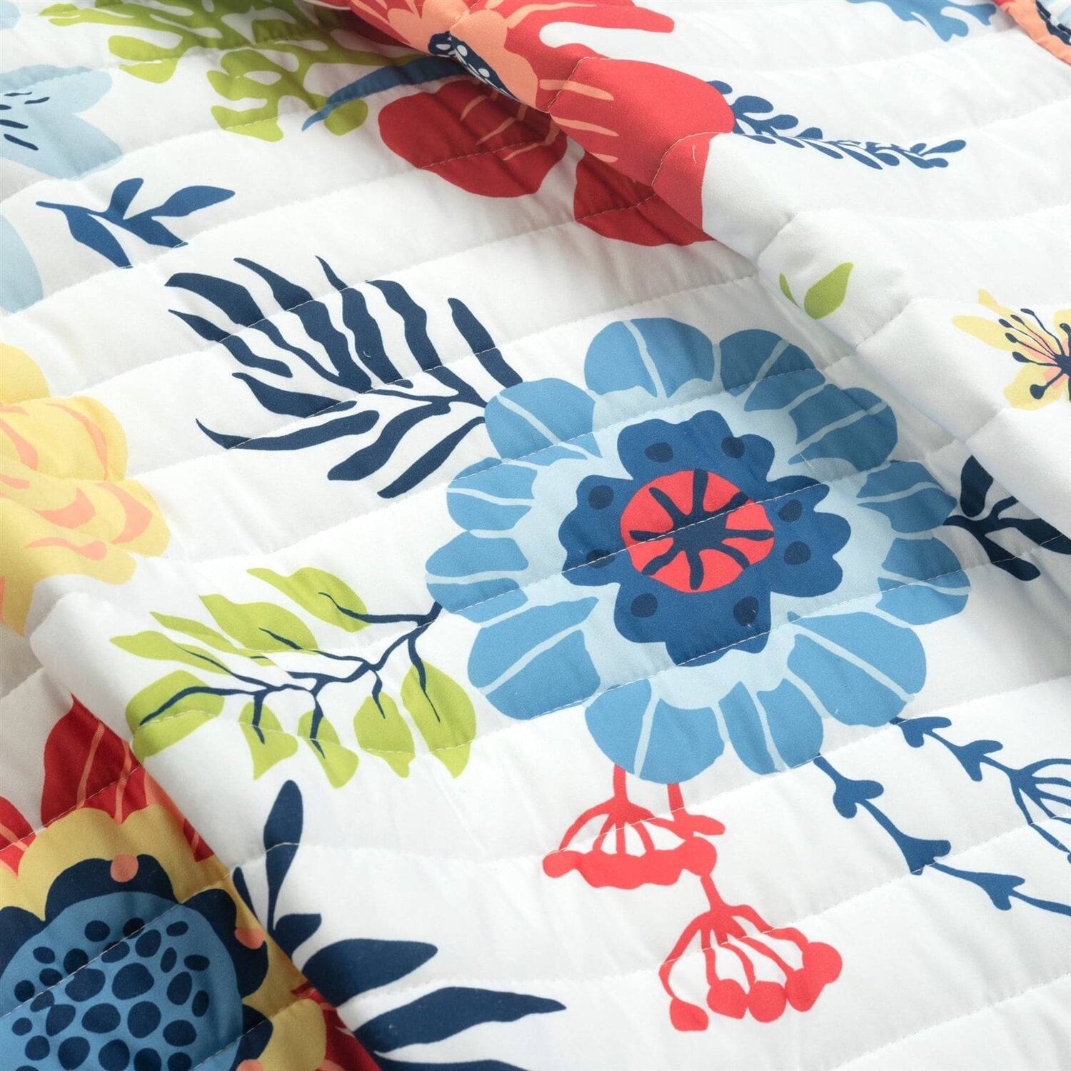 Left. Hivvago - King size Lightweight Floral Navy Blue Coral White 3-Piece Polyester Quilt Set - Navy Blue Coral White.