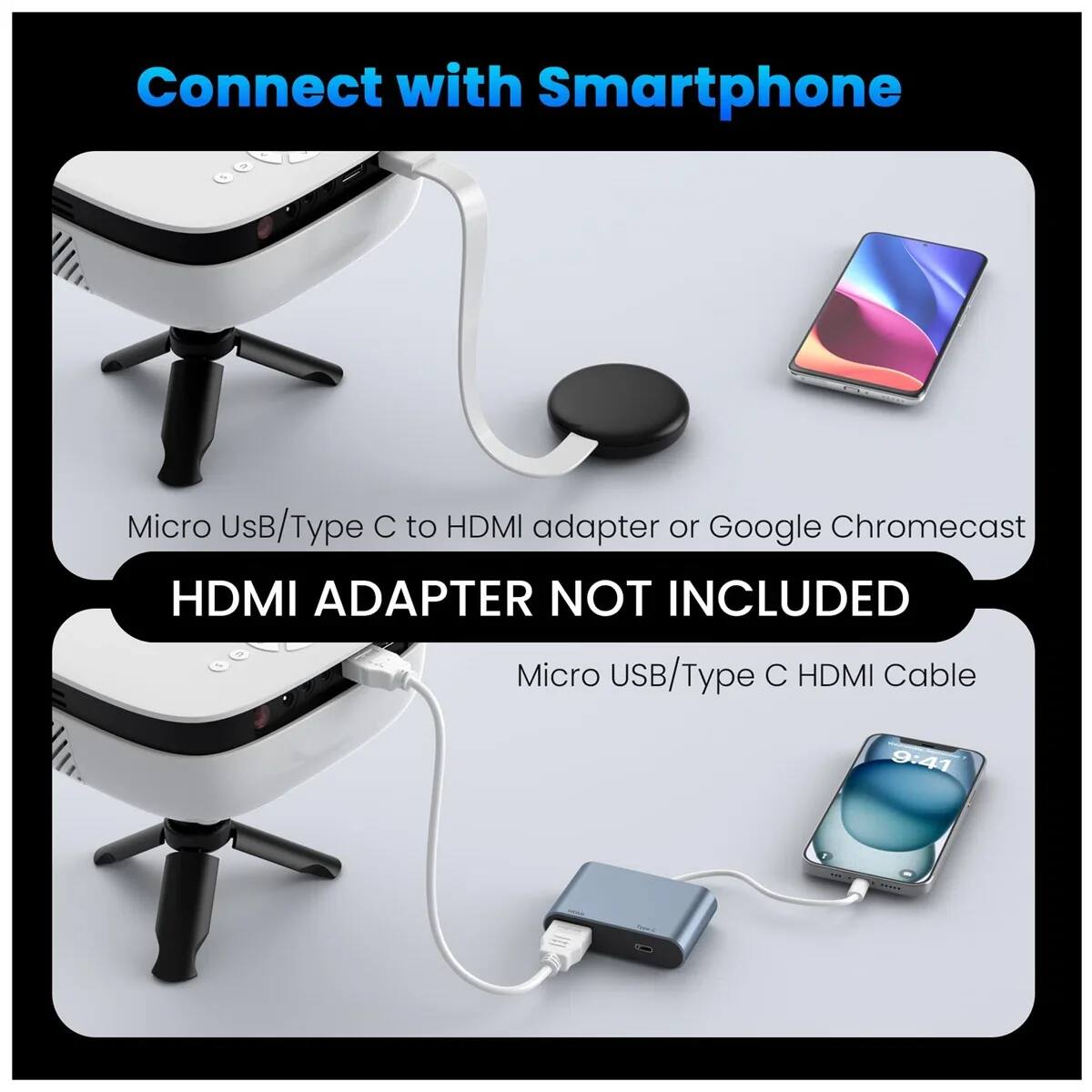 Connect with Smartphone

Micro USB/Type C to HDMI adapter or Google Chromecast HDMI ADAPTER NOT INCLUDED

Micro USB/Type C HDMI Cable