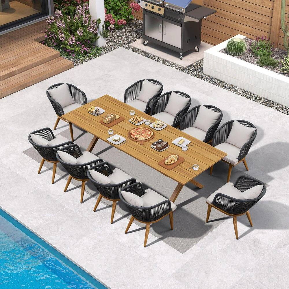 Alt View 1. PURPLE LEAF - 7/9/11-Pieces Patio Dining Set Wicker Outdoor Furniture Table and Chairs Set for Garden Teak-Finish Aluminum Frame Set - Teak-Rectangular-11 Pcs.