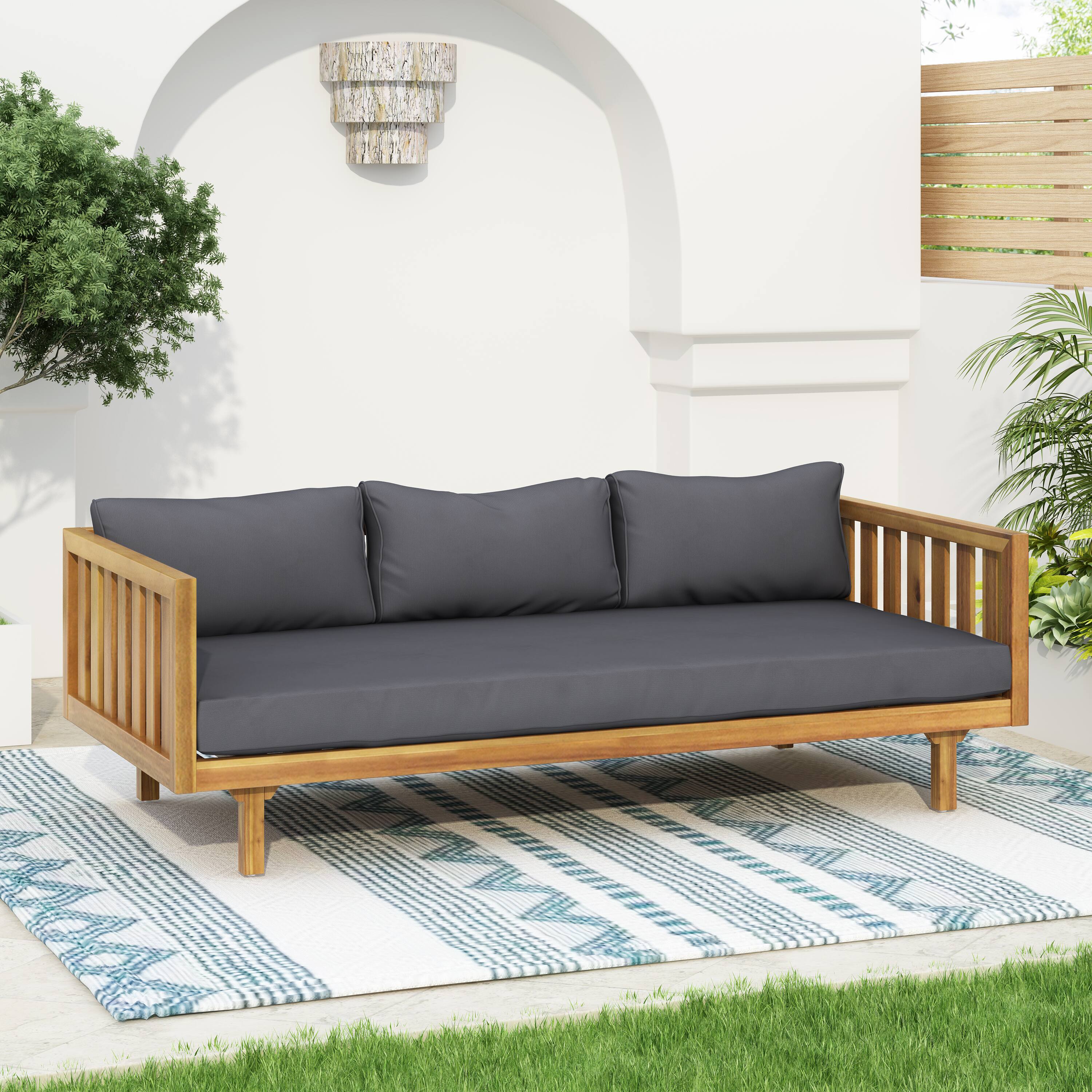 Alt View 4. Siljoy - Acacia Wood Outdoor 3-Seater Daybed with Water-Resistant Thick Cushions & Round Coffee Table - Dark Grey - Dark Grey.
