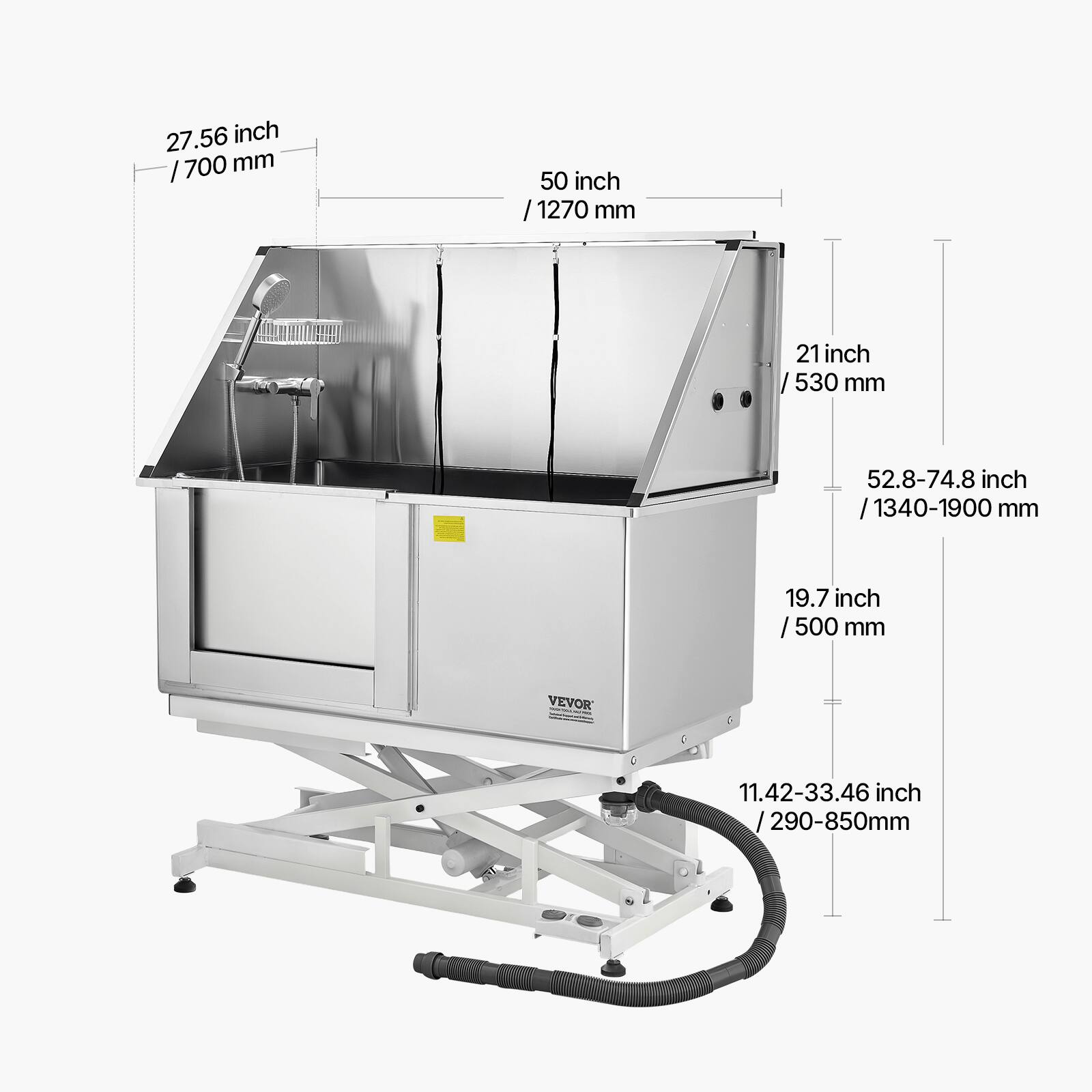 27.56 inch / 700 mm  
50 inch / 1270 mm  
21 inch / 530 mm  
52.8-74.8 inch / 1340-1900 mm  
19.7 inch / 500 mm  
11.42-33.46 inch / 290-850 mm