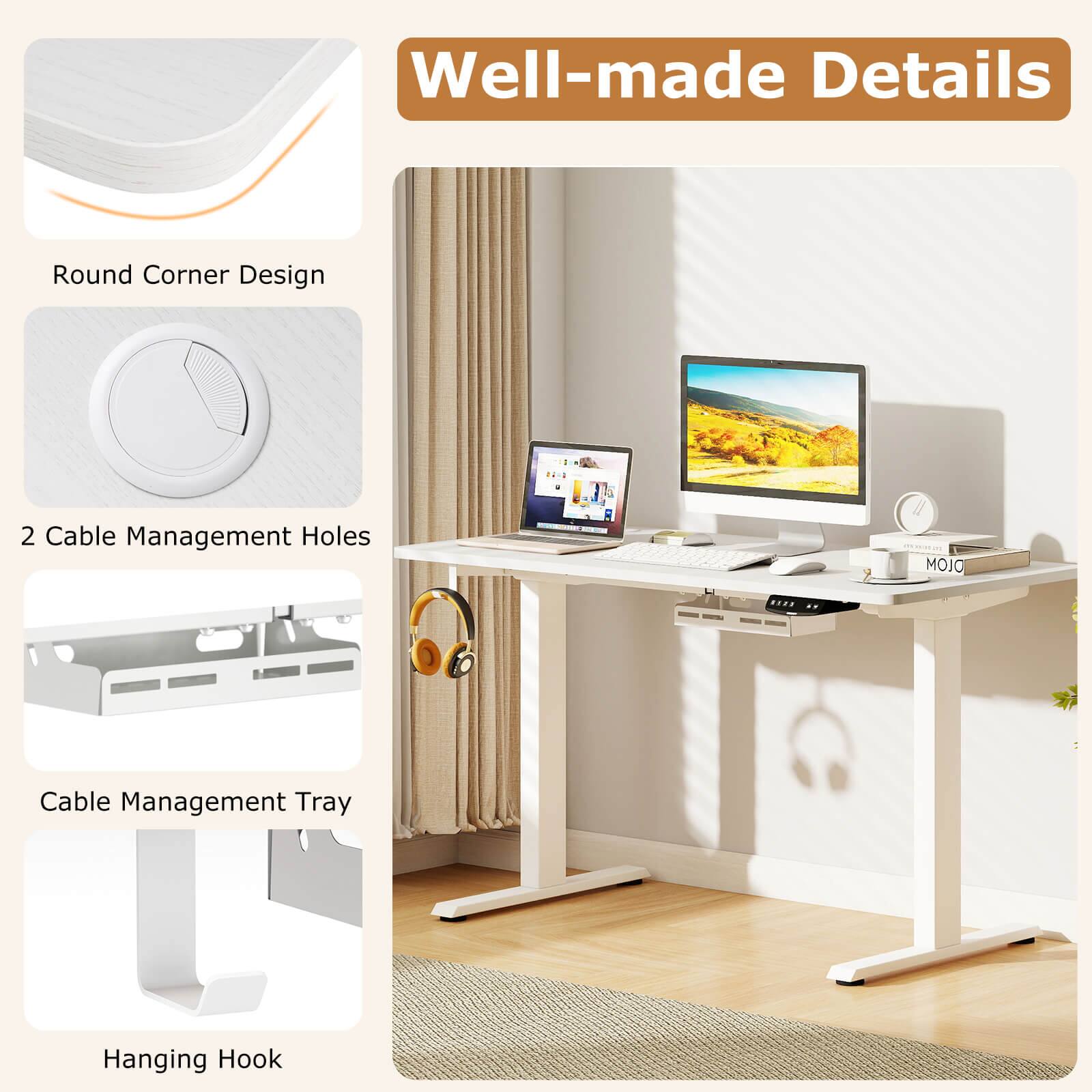Well-made Details  
Round Corner Design  
2 Cable Management Holes  
Cable Management Tray  
Hanging Hook