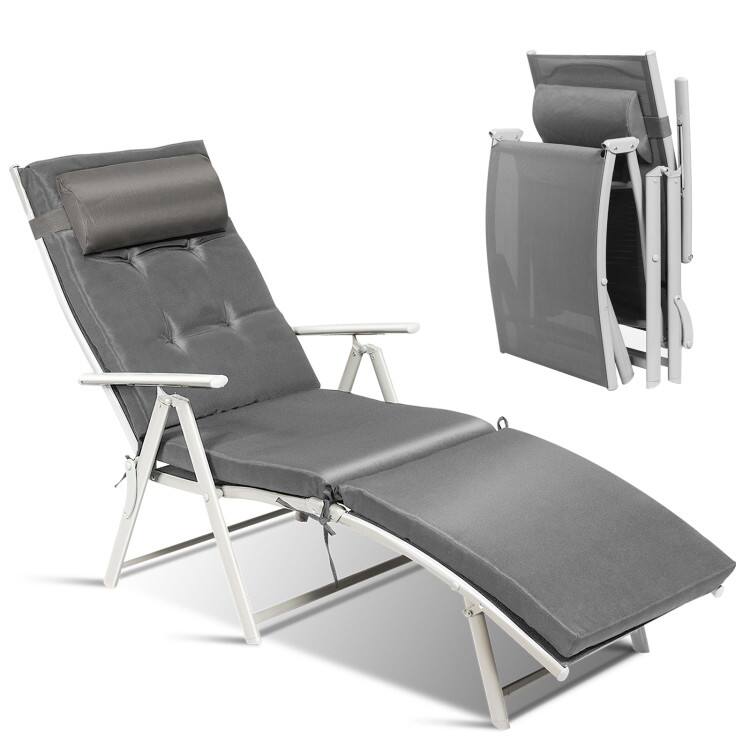 Front. SlickBlue - Lightweight Outdoor Folding Lounge Chair with Adjustable Backrest and Pillow - Grey.