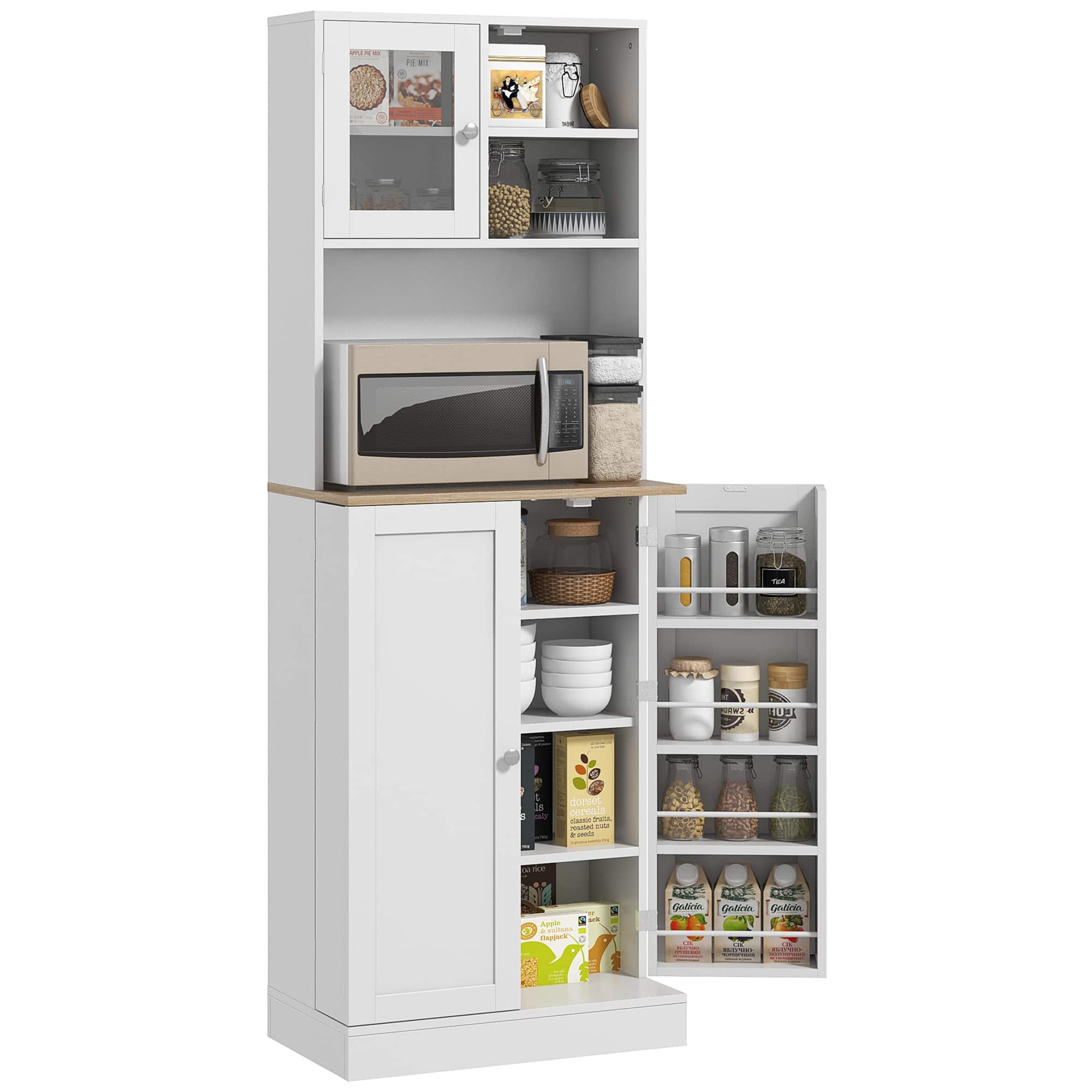 Homcom - 67" Kitchen Pantry Cabinet, Freestanding Food Storage Cabinet with Microwave Shelf, Adjustable Shelves, 8 Door Shelves - White