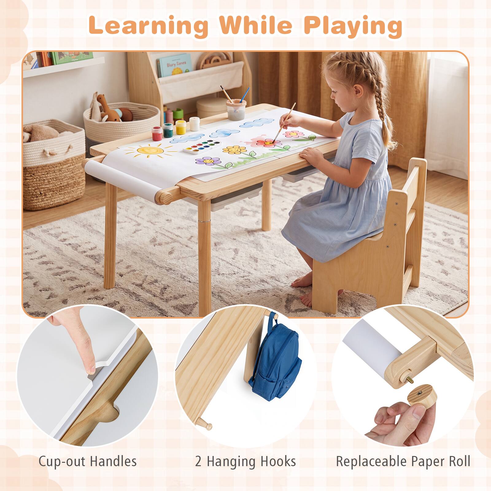 Learning While Playing

- Cup-out Handles
- 2 Hanging Hooks
- Replaceable Paper Roll