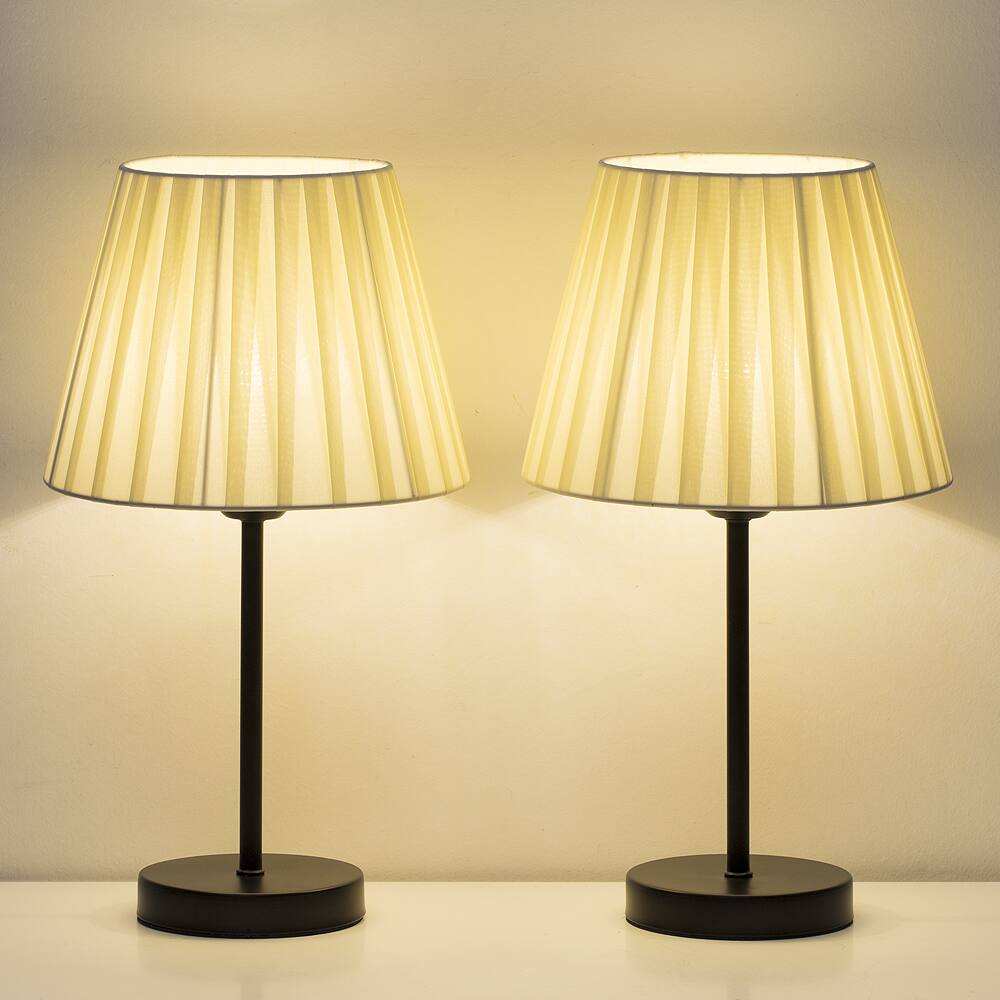 Back. Oumilen - Black Base Table Lamp with Beige Pleated Fabric Shade, E26 Socket & UL Plug.