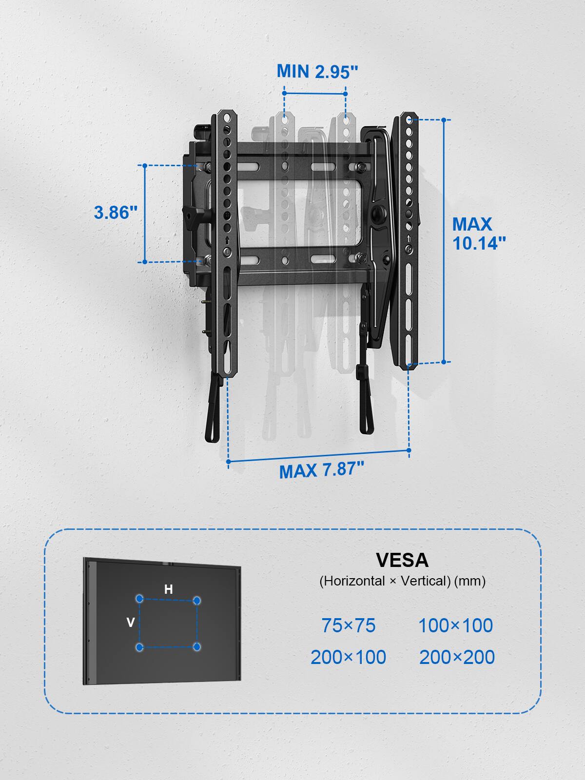The image shows a black metal bracket with a VESA mounting system. The bracket is designed to hold a flat screen TV or monitor, and it has a horizontal and vertical measurement of 75x75mm, 100x100mm, 200x100mm, and 200x200mm. The bracket can hold a TV or monitor with a minimum size of 2.95" and a maximum size of 10.14".
