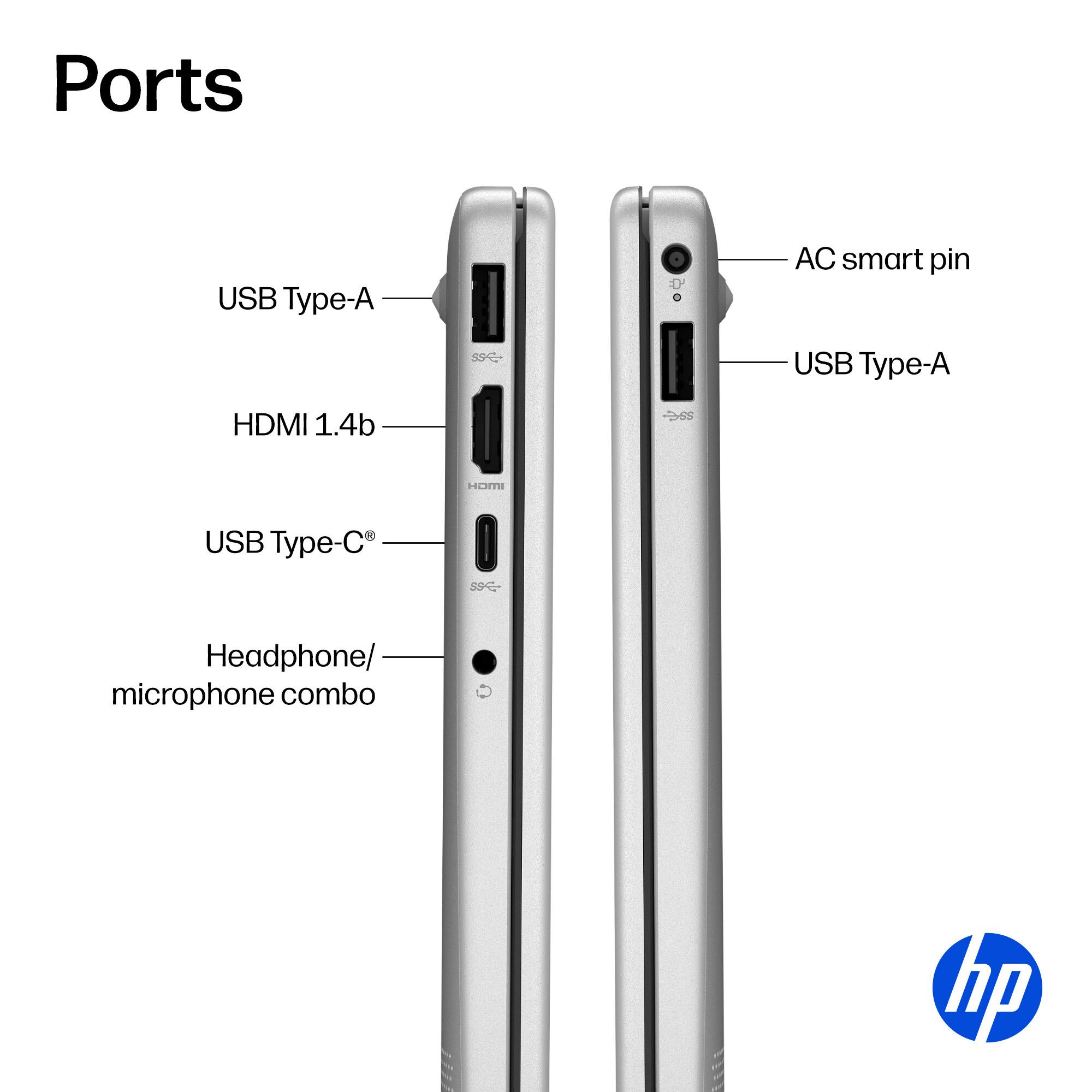 Ports  
- USB Type-A  
- HDMI 1.4b  
- USB Type-C  
- Headphone/ microphone combo  
- AC smart pin  
- USB Type-A