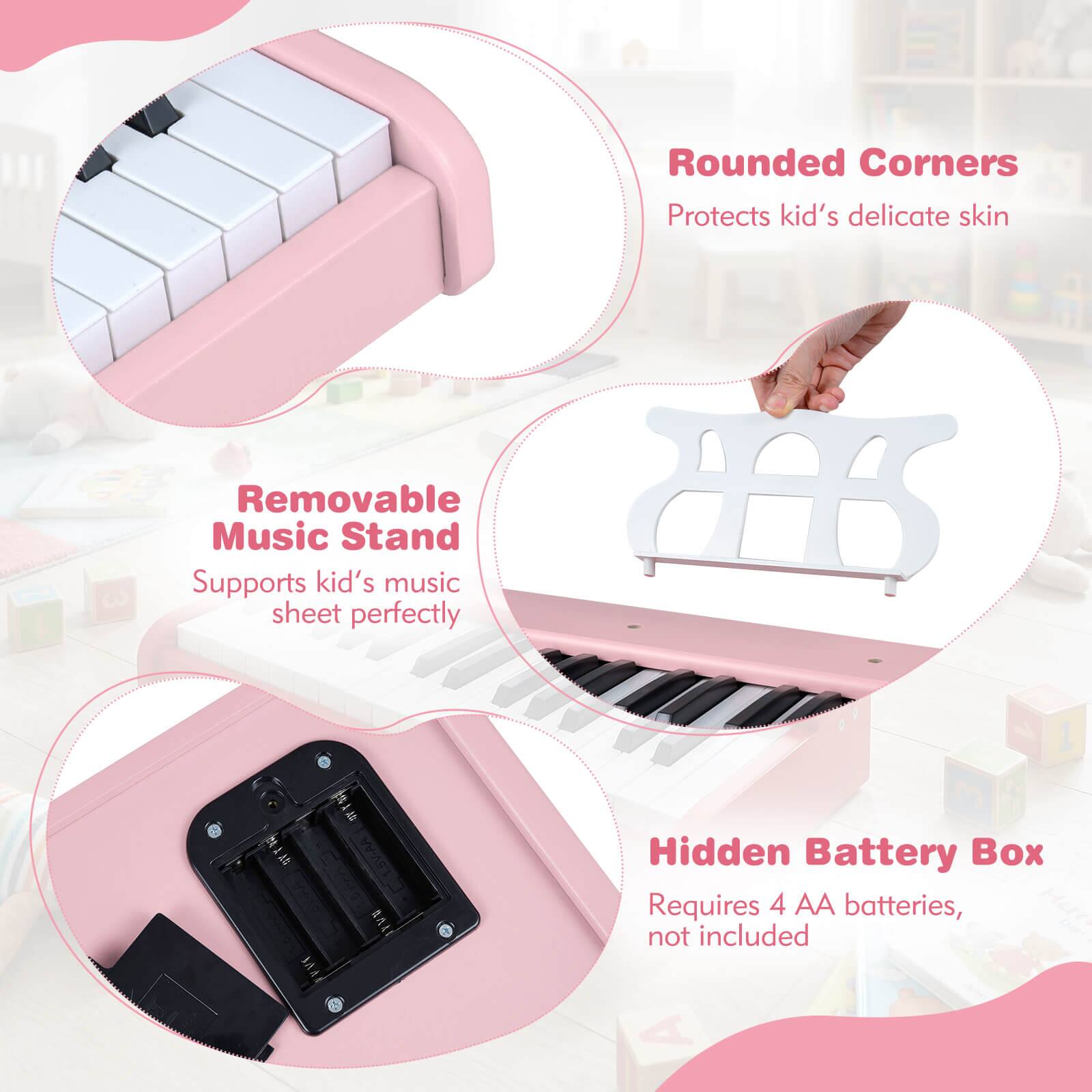 - Rounded Corners
  - Protects kid's delicate skin

- Removable Music Stand
  - Supports kid's music sheet perfectly

- Hidden Battery Box
  - Requires 4 AA batteries, not included