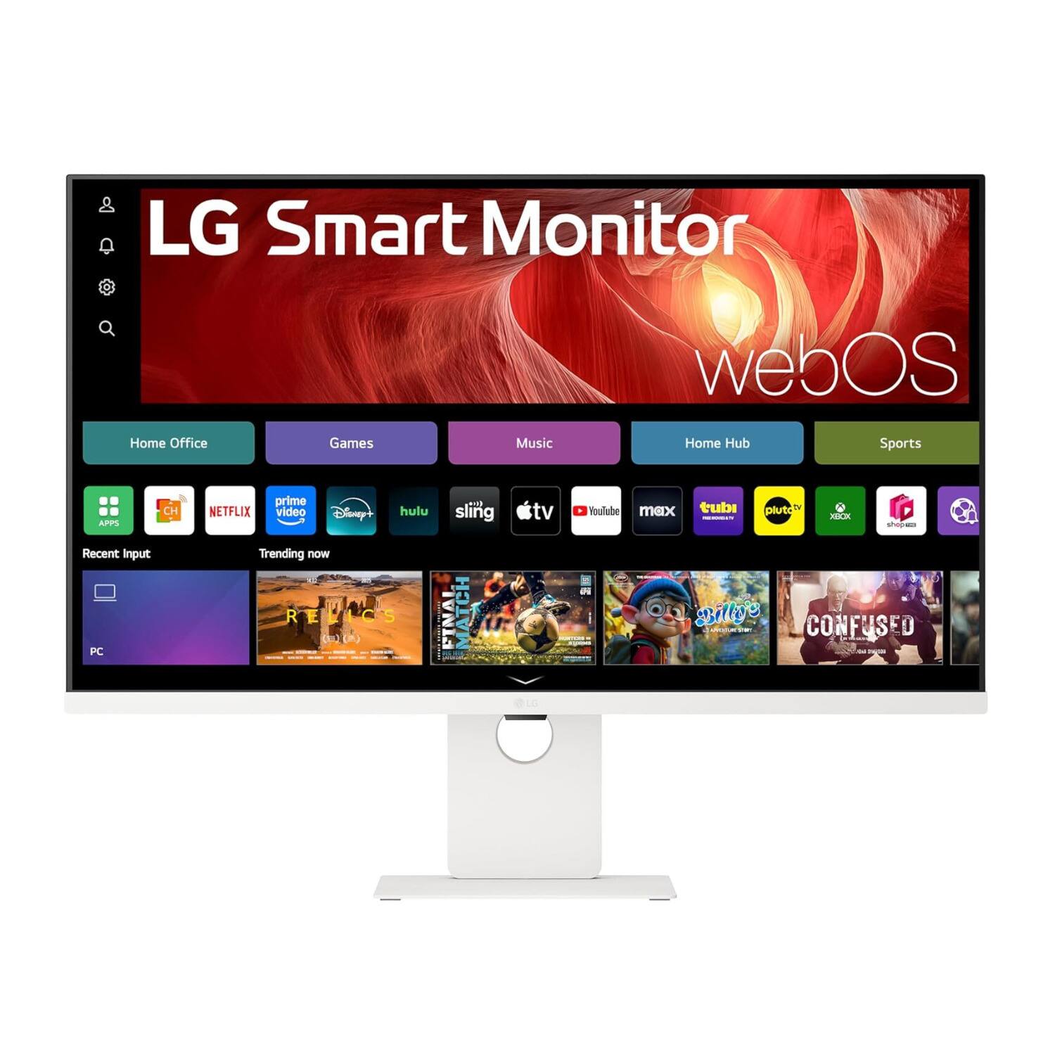 LG Smart Monitor webOS Home Office Games Music Home Hub Sports APP CH NETFLIX prime video Disney+ hulu sling tv YouTube max tubi Pluto TV Te RO CD na Recent Input PC Trending now R E CS S FINAI MATCH F Billye CONFUSED