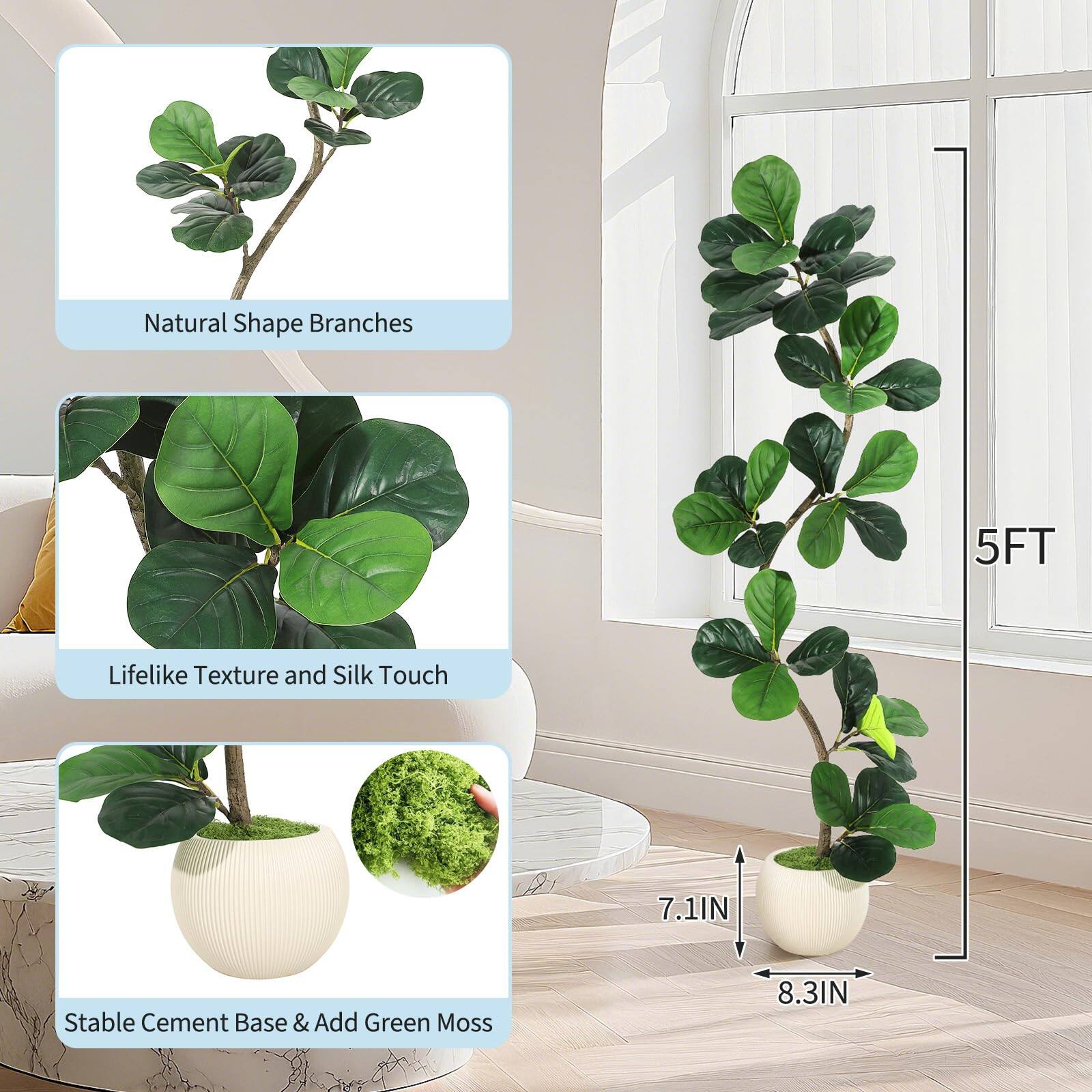 Natural Shape Branches  
5FT  
Lifelike Texture and Silk Touch  
7.1IN  
Stable Cement Base & Add Green Moss  
8.3IN