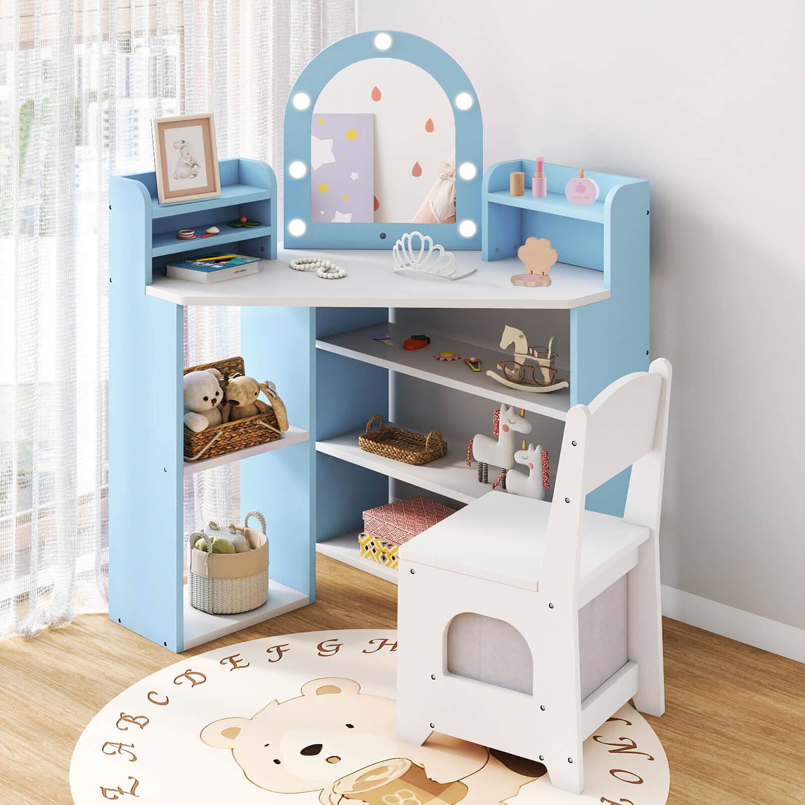 Alt View 1. Costway - Costway Corner Kids Vanity with Lights, 3 Storage Shelves, 5 Open Compartments, Accessories - Blue + White.