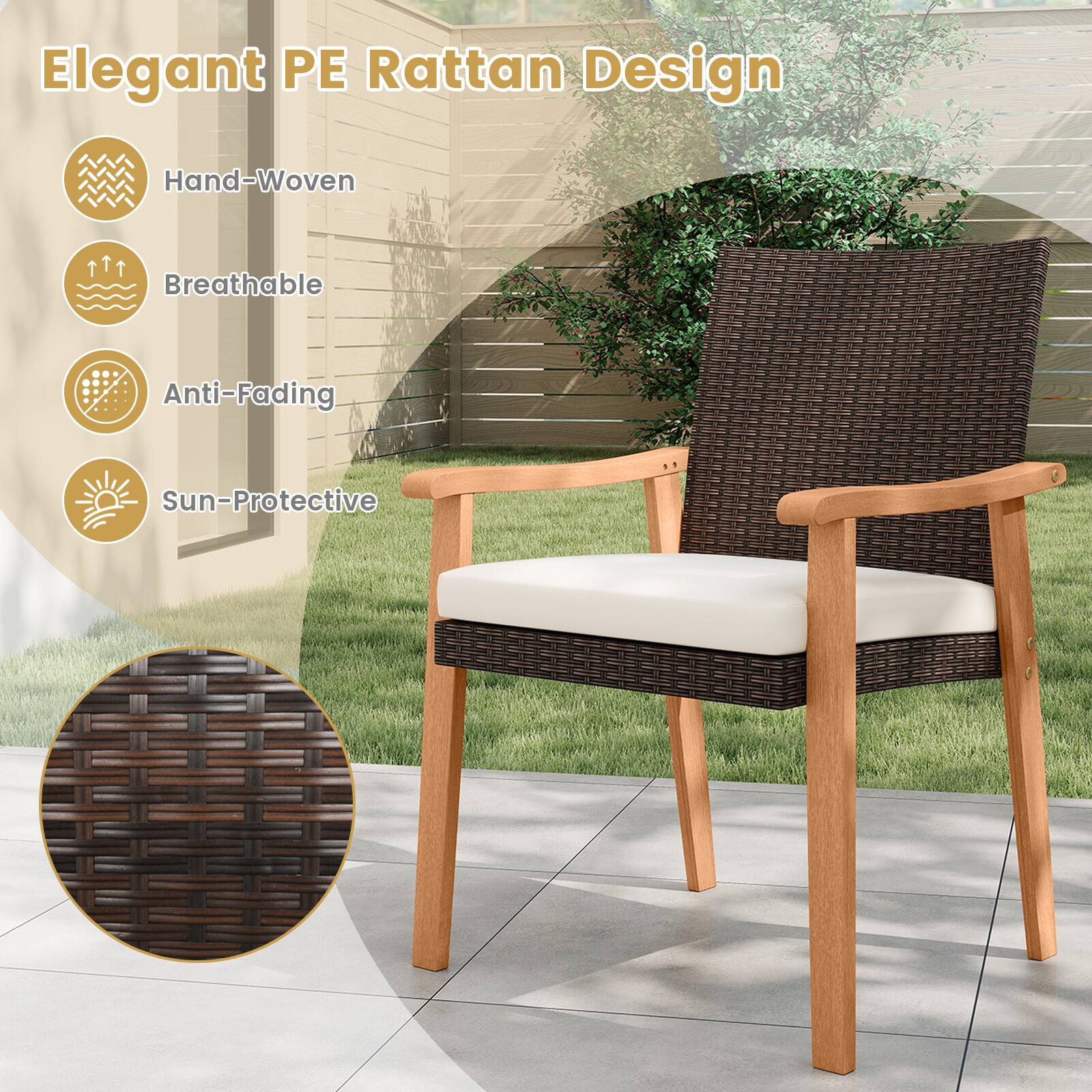 Elegant PE Rattan Design

- Hand-Woven
- Breathable
- Anti-Fading
- Sun-Protective