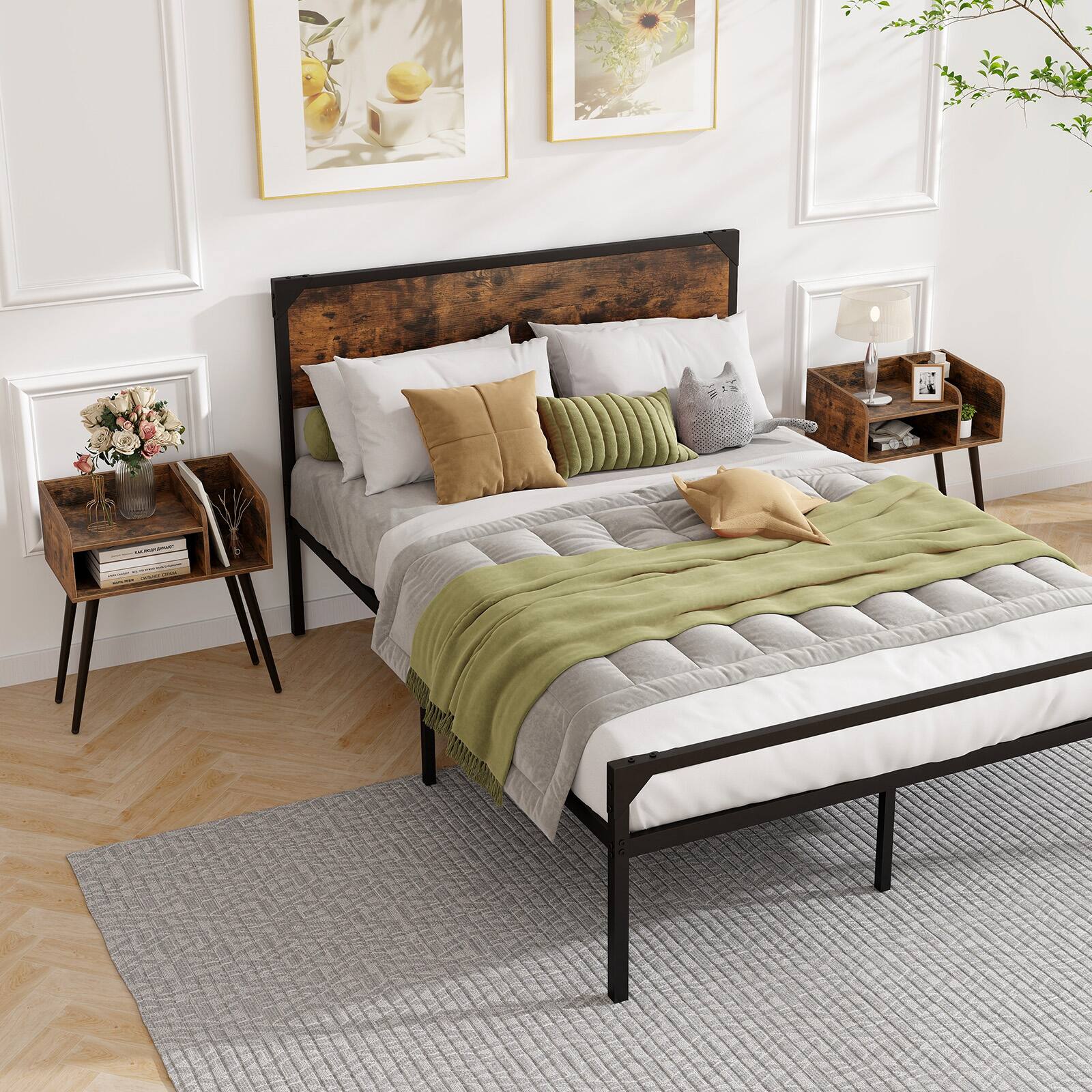 Alt View 1. Ecooso - Mid-Century Modern Nightstand with Open Storage Shelves for Bedroom or Living Room - Rustic Brown.