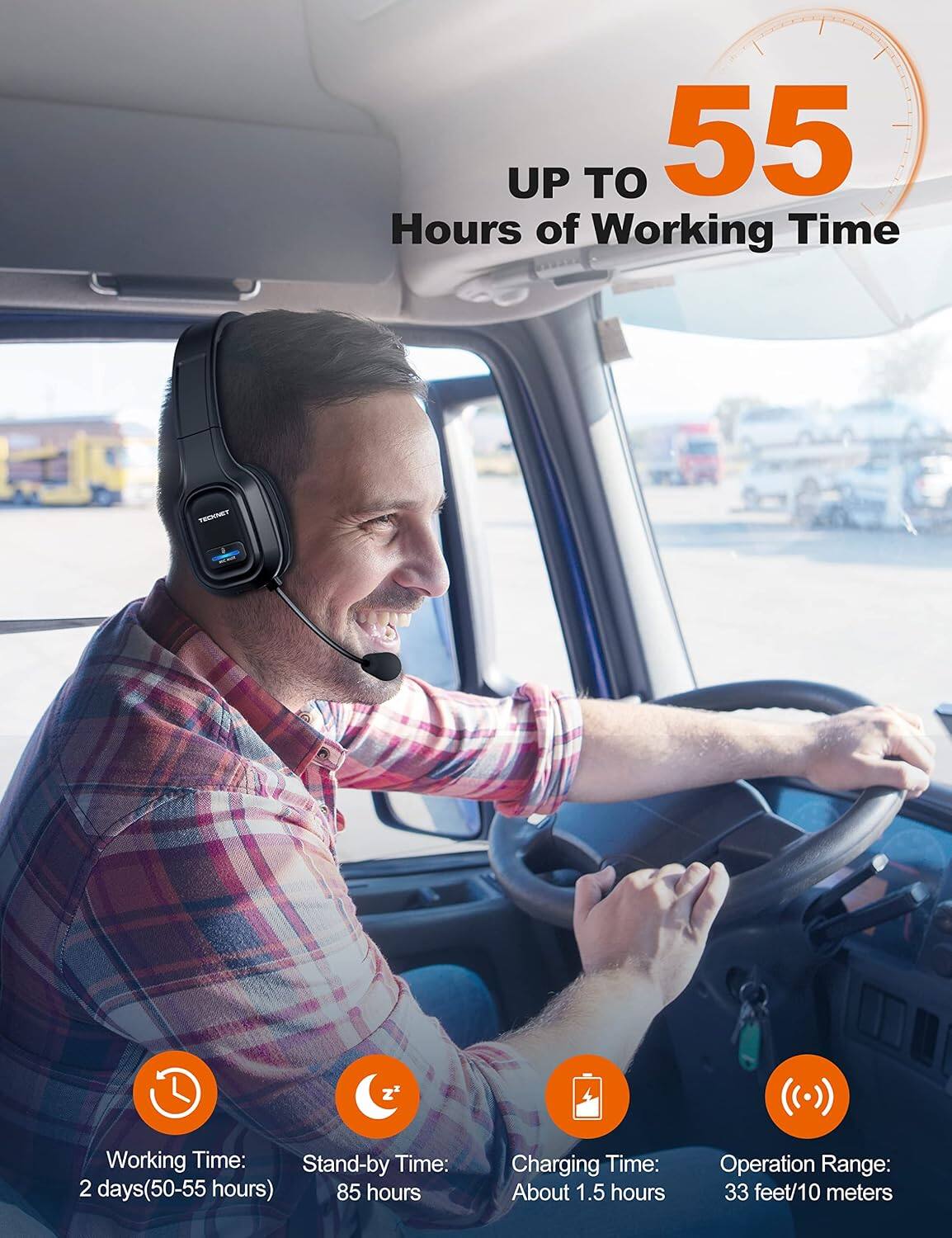 UP TO 55 Hours of Working Time

TECKNET

Working Time: 2 days (50-55 hours)
Stand-by Time: 85 hours
Charging Time: About 1.5 hours
Operation Range: 33 feet/10 meters