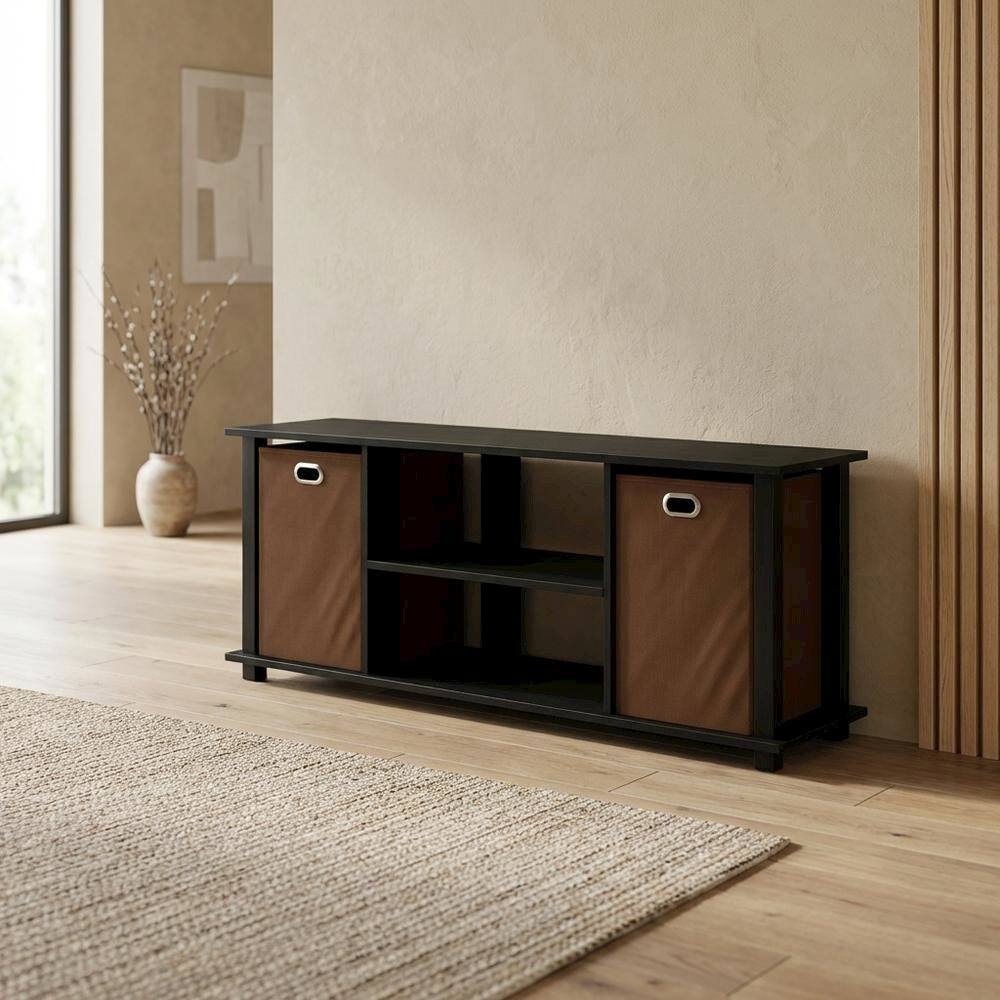 Left. FurniFact - Engineered Wood Entertainment Center with Storage Bins in Americano - Americano/Black/Medium Brown.