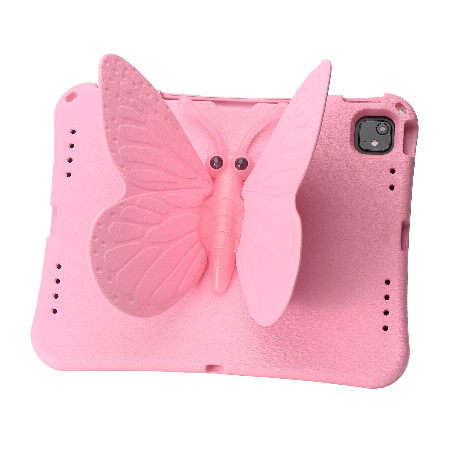 The image shows a pink phone case with a butterfly design on it.
