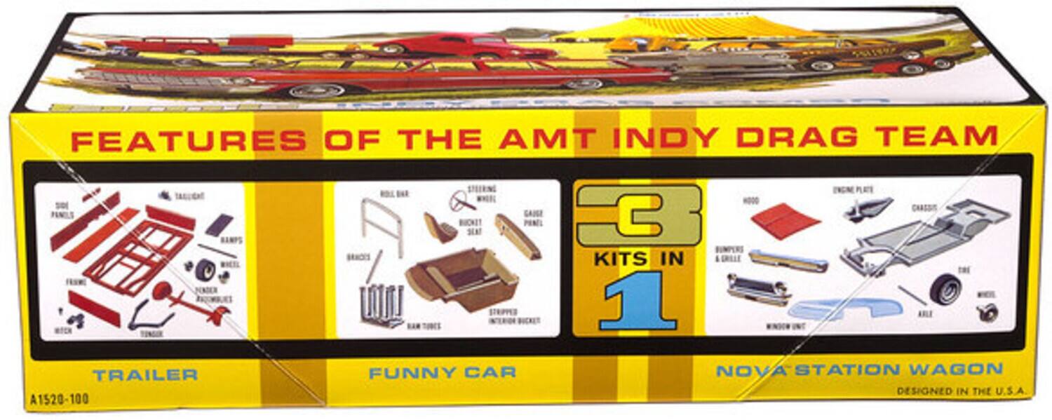 Features of the AMT Indy Drag Team

- Trailer
- Funny Car
- Nova Station Wagon

3 Kits in 1

Designed in the U.S.A.

A1520-100