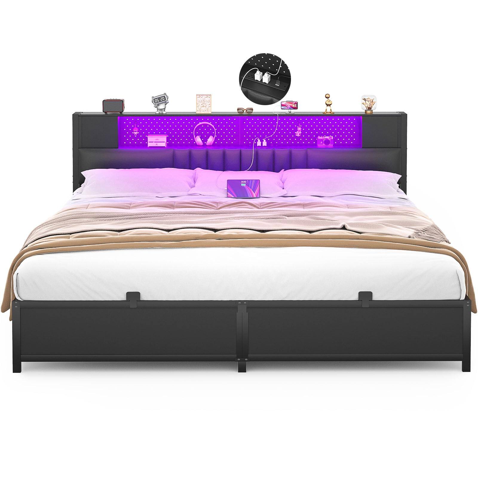 Back. Aheaplus - Modern Bed Frame: Power Outlet & LED Lights, Headboard Storage, Quiet Support - Black.