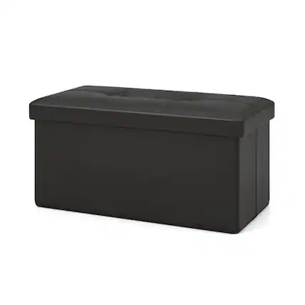 Front. Kadyn - Upholstered Rectangle Footstool with PVC Leather Surface and Storage Function-Black, Folding Footstools - Black.