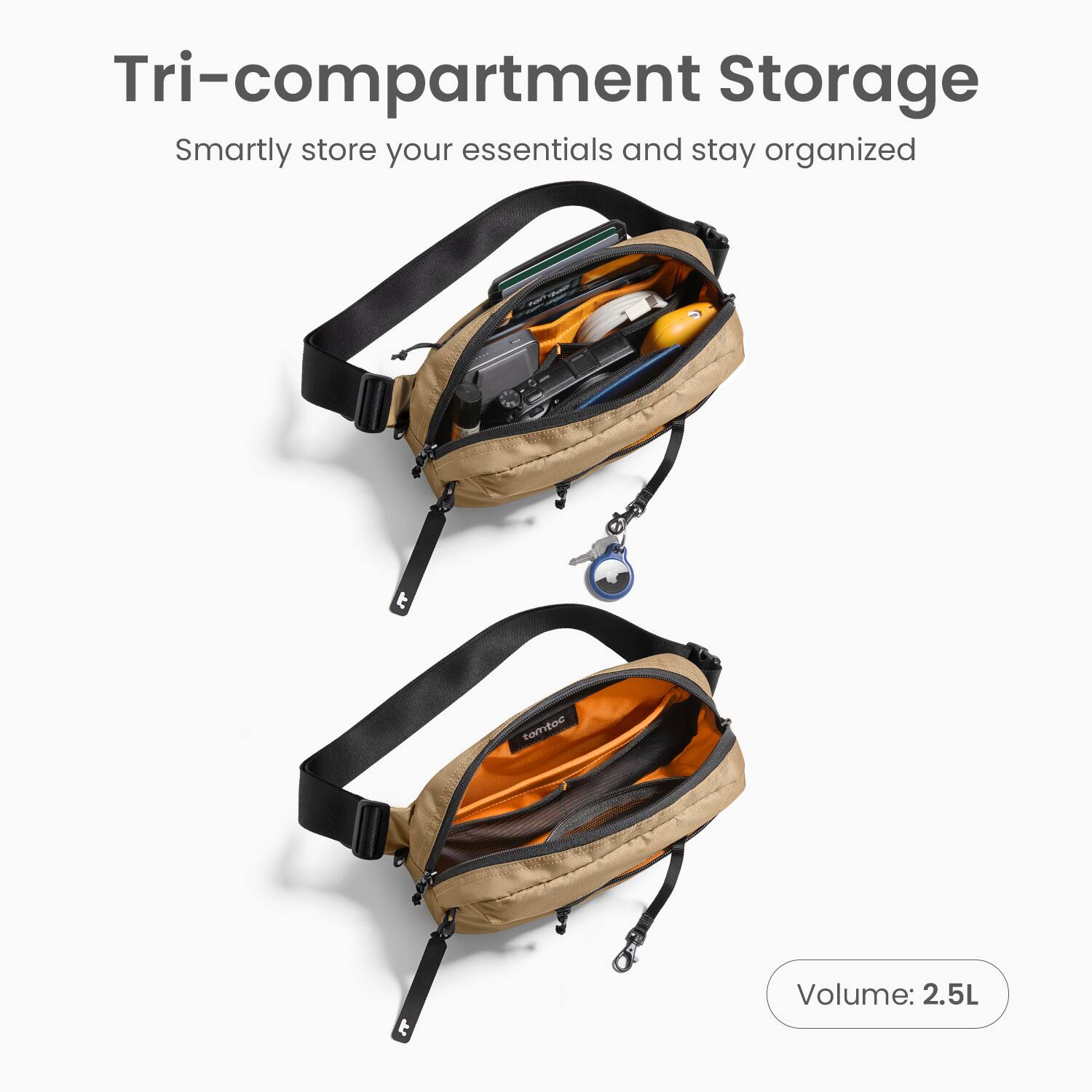 Tri-compartment Storage Smartly store your essentials and stay organized with this 2.5L volume bag.