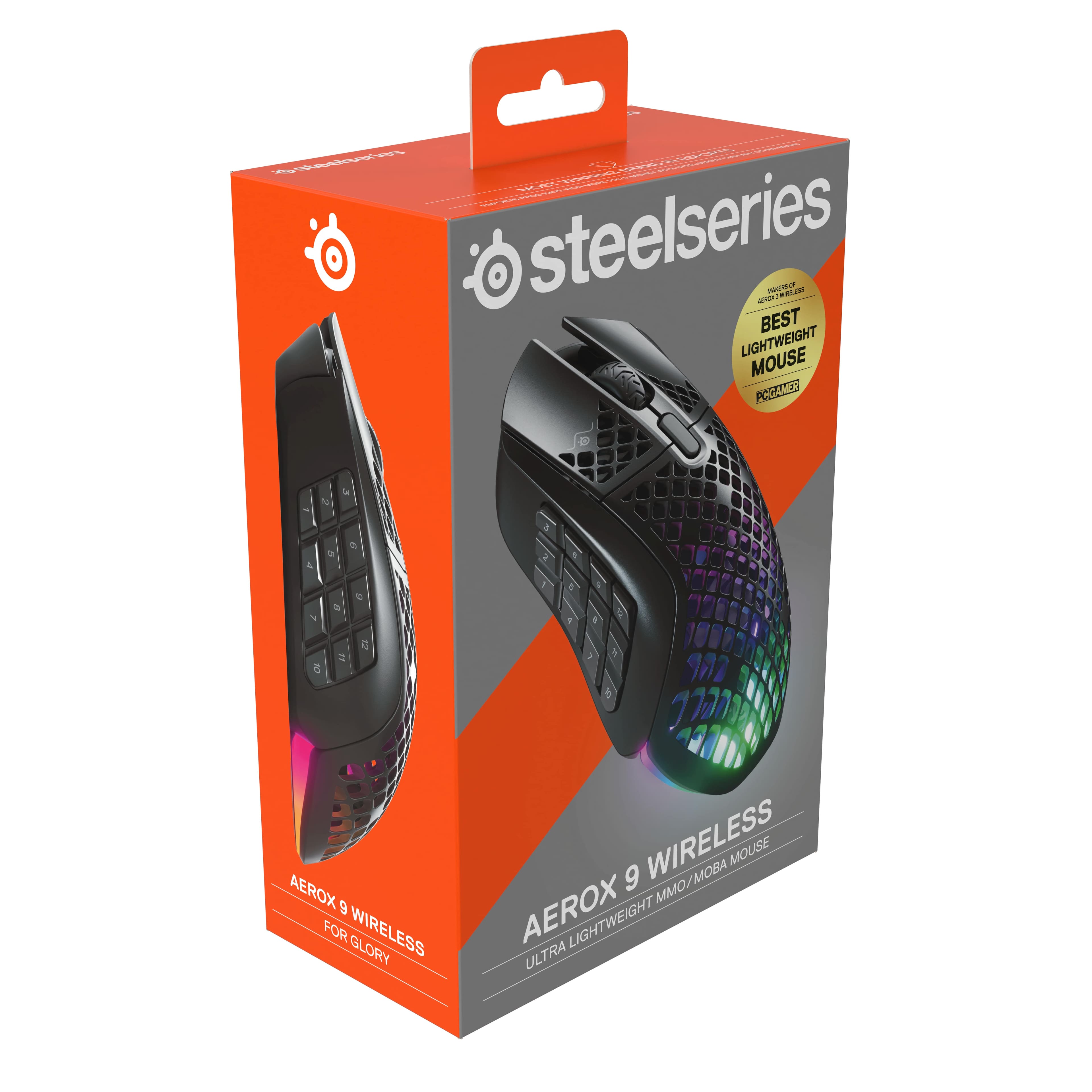 The box contains a Steelseries AEROX 3 Wireless mouse, which is a lightweight and ultra-responsive gaming mouse designed for MMO and MOBA games. It is the best lightweight mouse for wireless gaming, providing a smooth and lag-free experience. The mouse is compatible with both wired and wireless modes, allowing for versatile use.