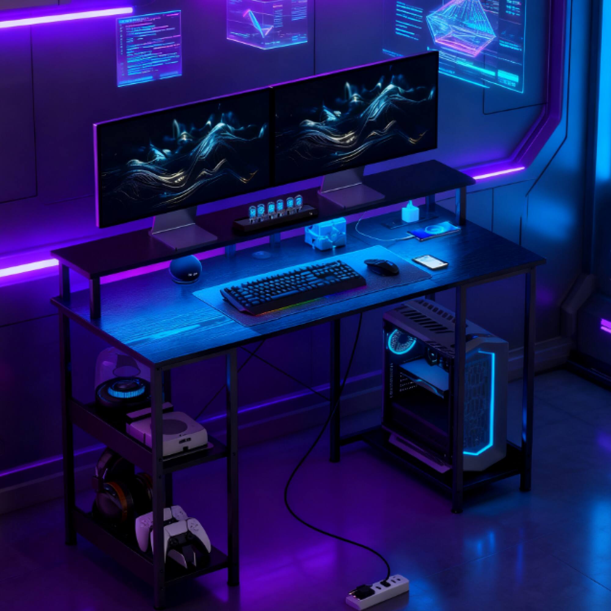 Alt View 4. GOODSILO - Reversible Computer Desk with Integrated Charging Station and LED Lighting for Home Office Gaming Setup - Distressed Black.