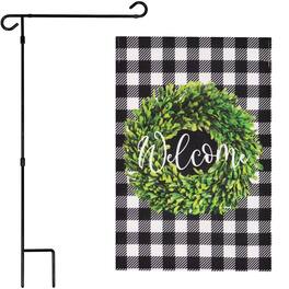 G128 - Combo Pack: 3-Piece Garden Flag Stand 36 x 16 in & 12 x 18 in Double-Sided Burlap Flag - Assorted Colors