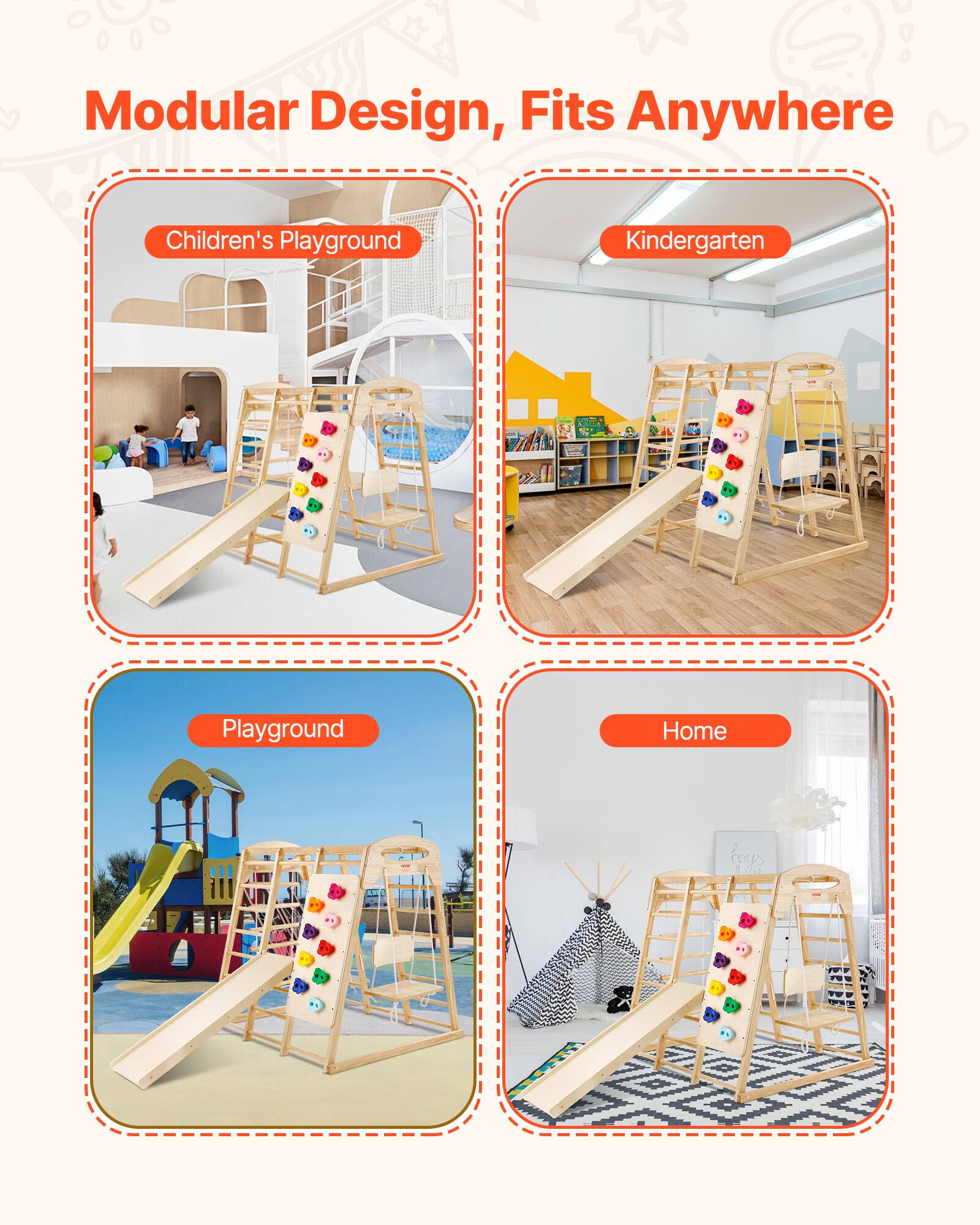 Modular Design, Fits Anywhere

- Children's Playground
- Kindergarten
- Playground
- Home