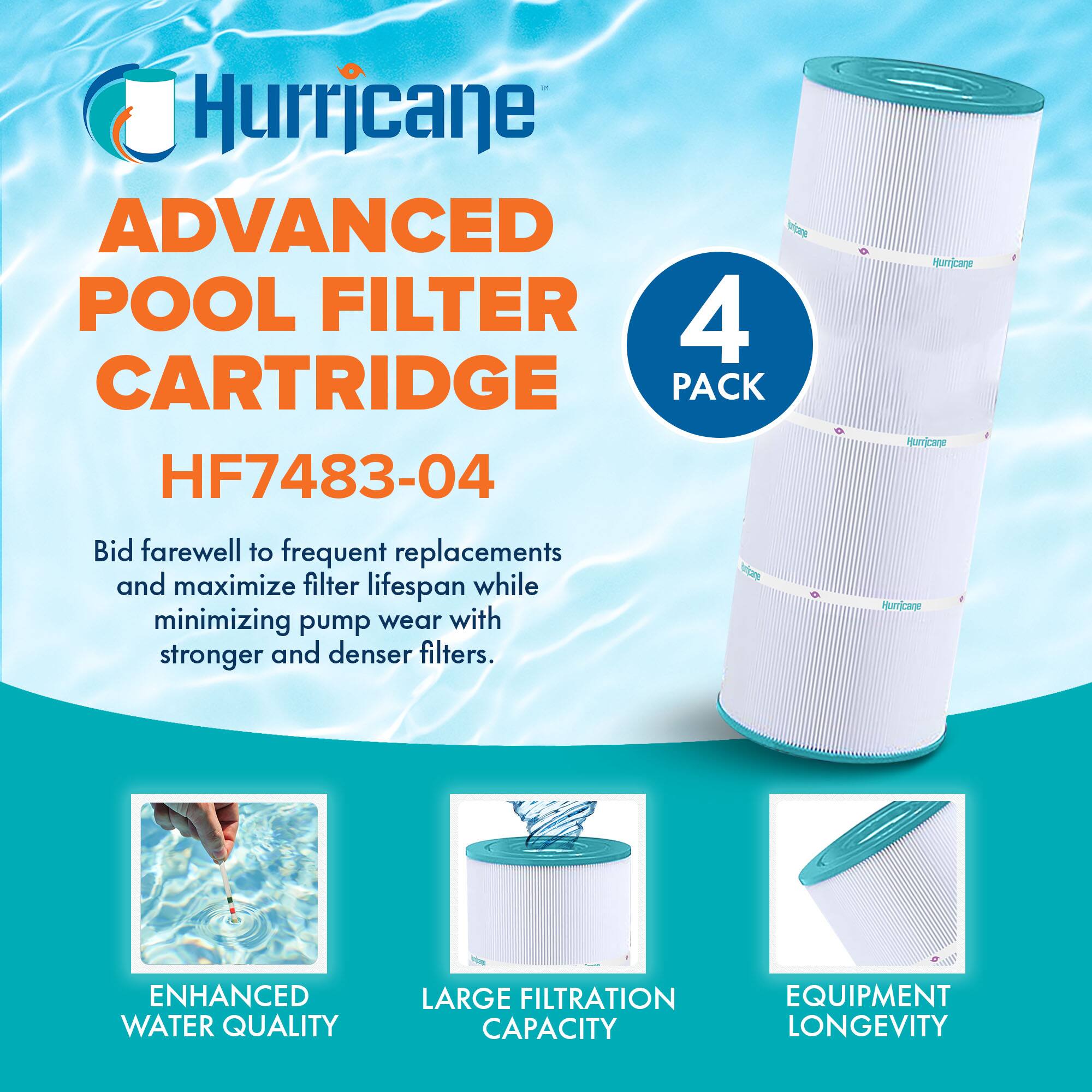 Hurricane  
ADVANCED POOL FILTER CARTRIDGE  
HF7483-04  

Bid farewell to frequent replacements and maximize filter lifespan while minimizing pump wear with stronger and denser filters.  

4 PACK  

ENHANCED WATER QUALITY  
LARGE FILTRATION CAPACITY  
EQUIPMENT LONGEVITY