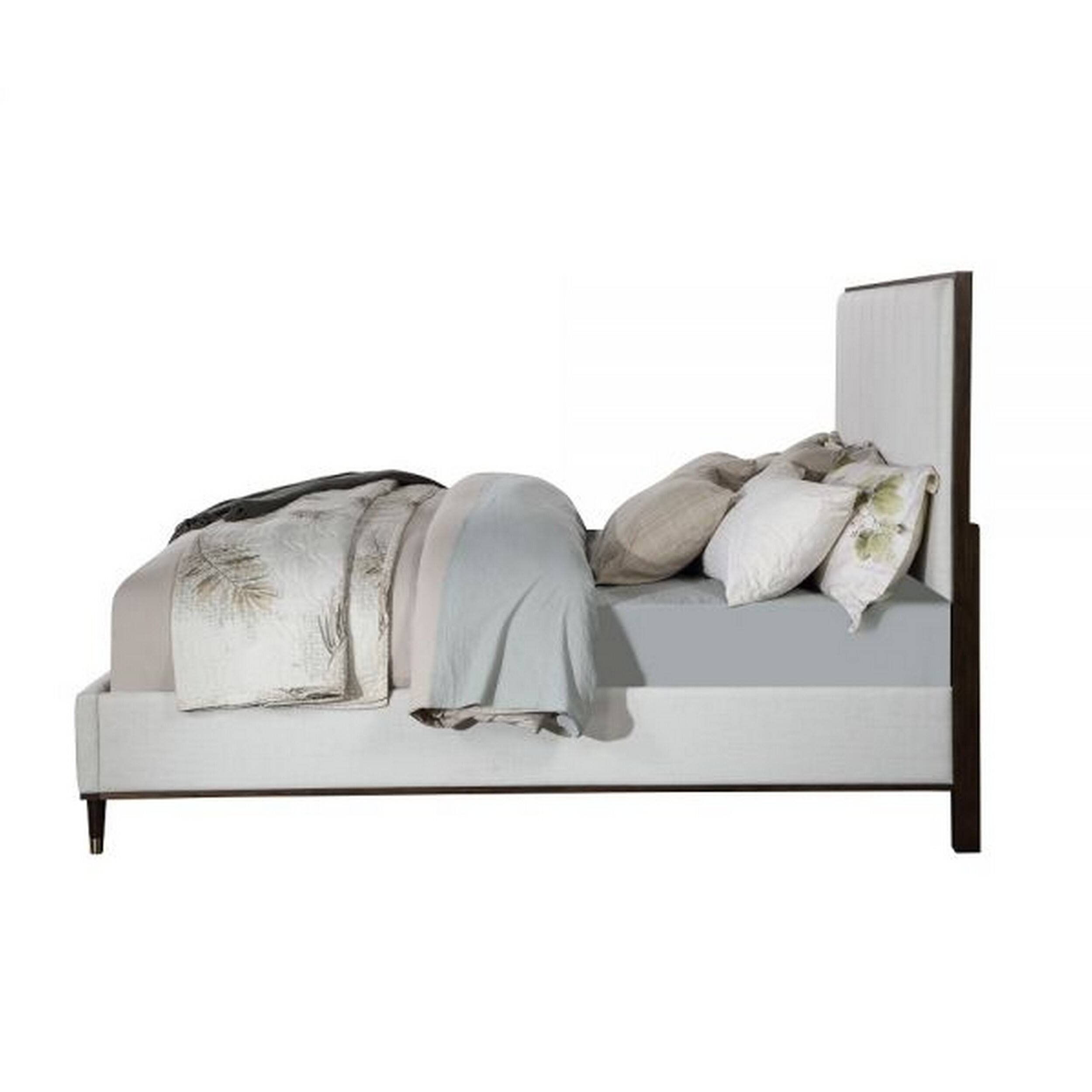 Alt View 2. Manhattan Lane - Aren Queen Bed, Light Gray Fabric Upholstery, Crisp White and Smooth Brown - Gray, White, Brown.