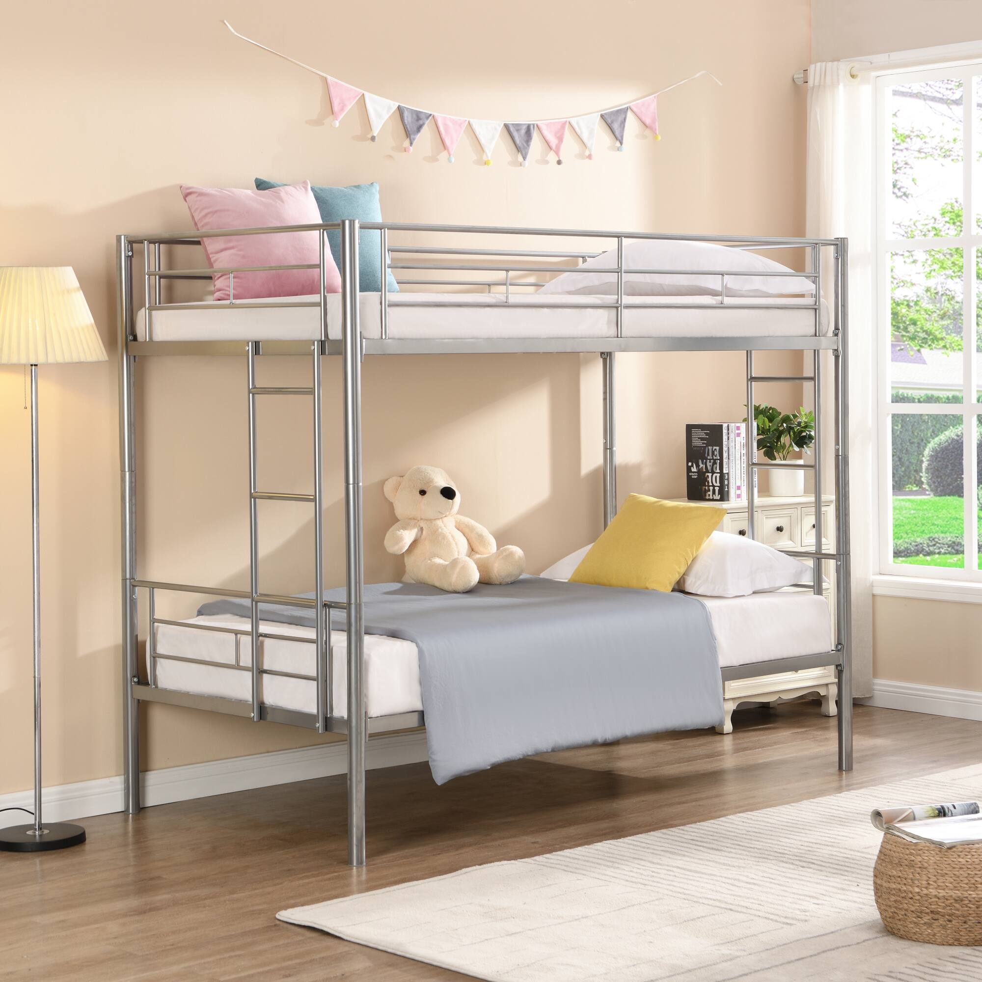 GOODSILO - Sturdy Metal Bunk Bed with Safe Stairs and Space-Saving Design for Modern Bedrooms - Silver