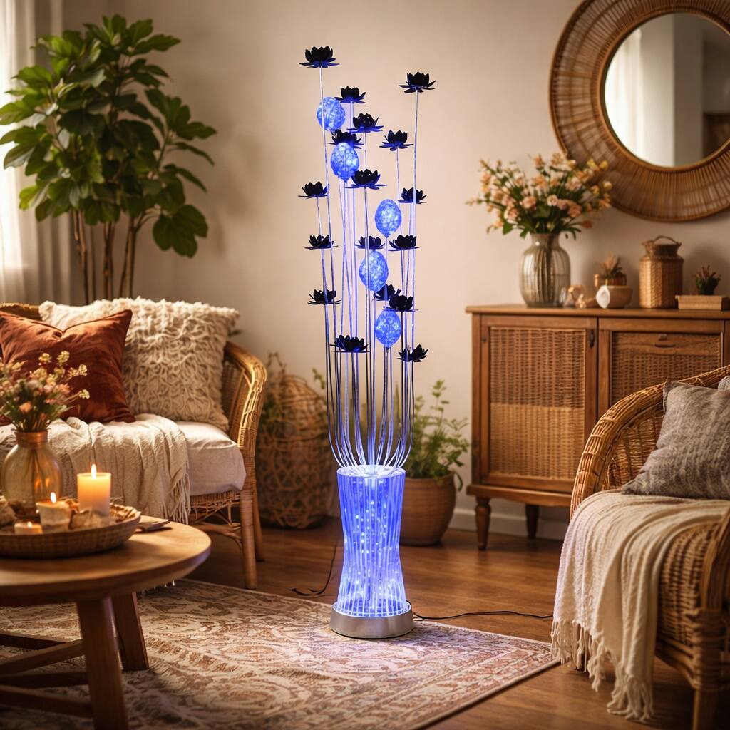 FC Design - 61"H Black Floral Spray with Blue LED Glow Floor Lamp