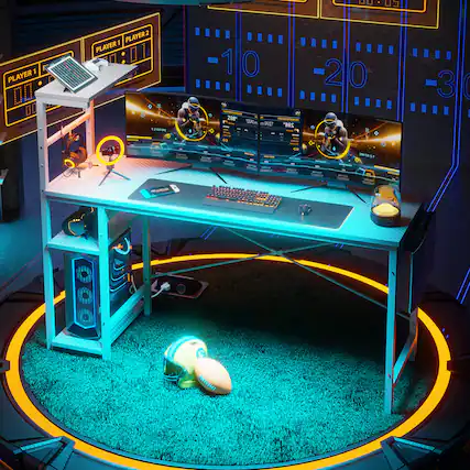 The image features a computer desk with a laptop, keyboard, and mouse on it. There are also two computer monitors on the desk. The desk is surrounded by a circular light, giving the scene a futuristic and illuminated appearance. The text on the image reads "PLAYER 101 - 131m 1 298 1 20 m 3 1 | | : - I - I I | Da | : M - - - : 1 A."