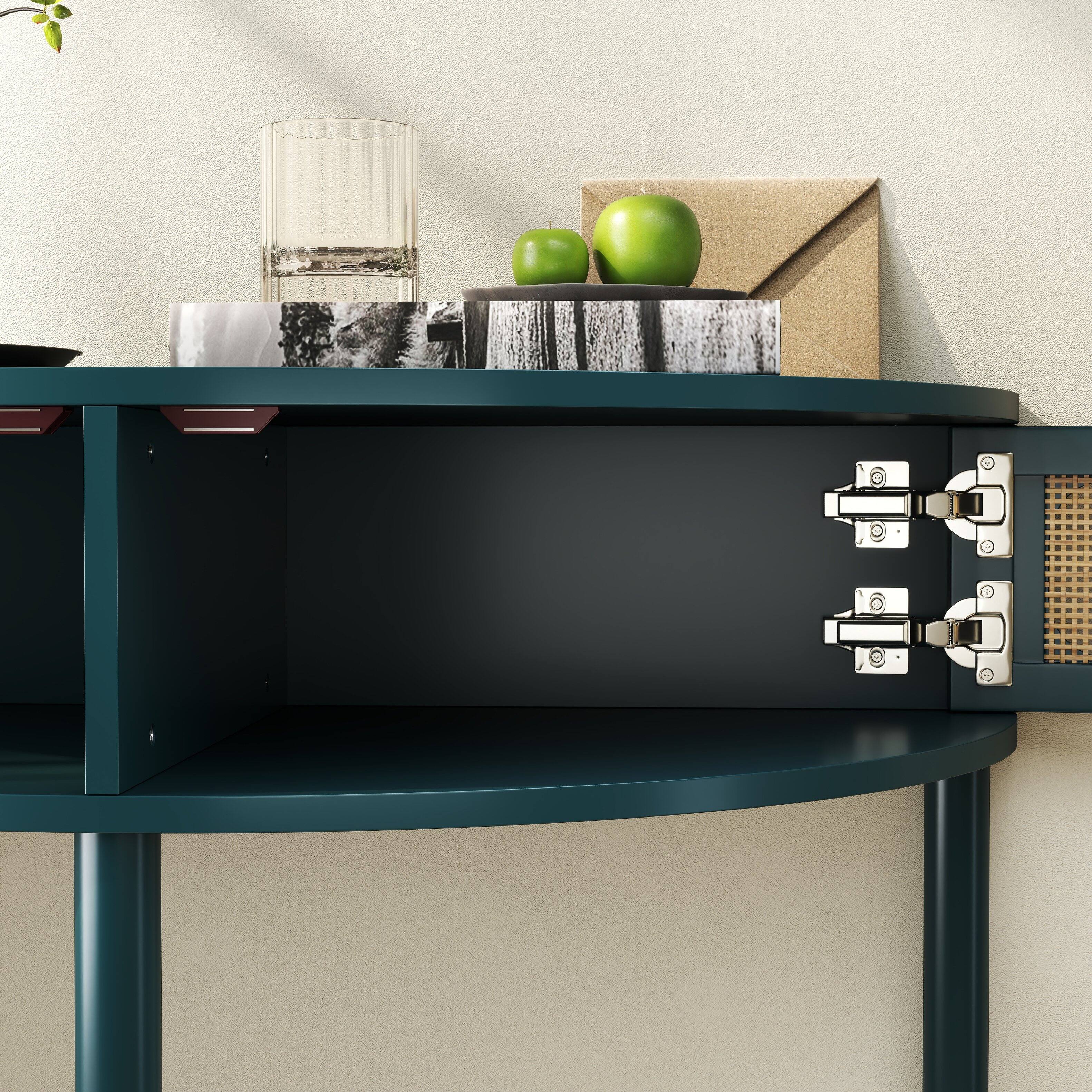 Alt View 5. Tiramisubest - Boho Rattan Semi Circle End Table with Sliding Rattan Door,Elegant Green Entryway Console with Storage and Bottom Shelf - Antique Green.