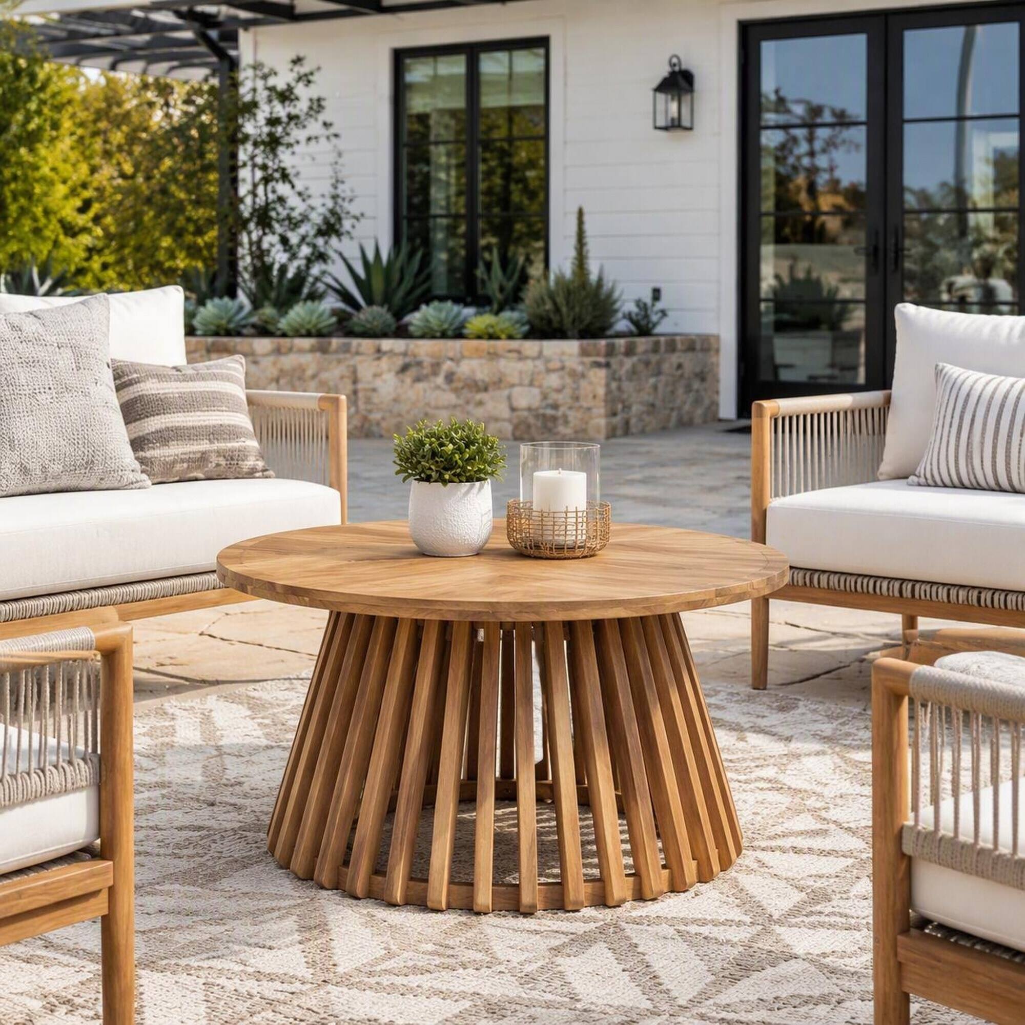 Alt View 1. RYHNUYNE - Round Outdoor Wood Coffee Table,Patio Accent Table with Slatted Pedestal Base,Wooden Side Table for Backyard - Light Teak.