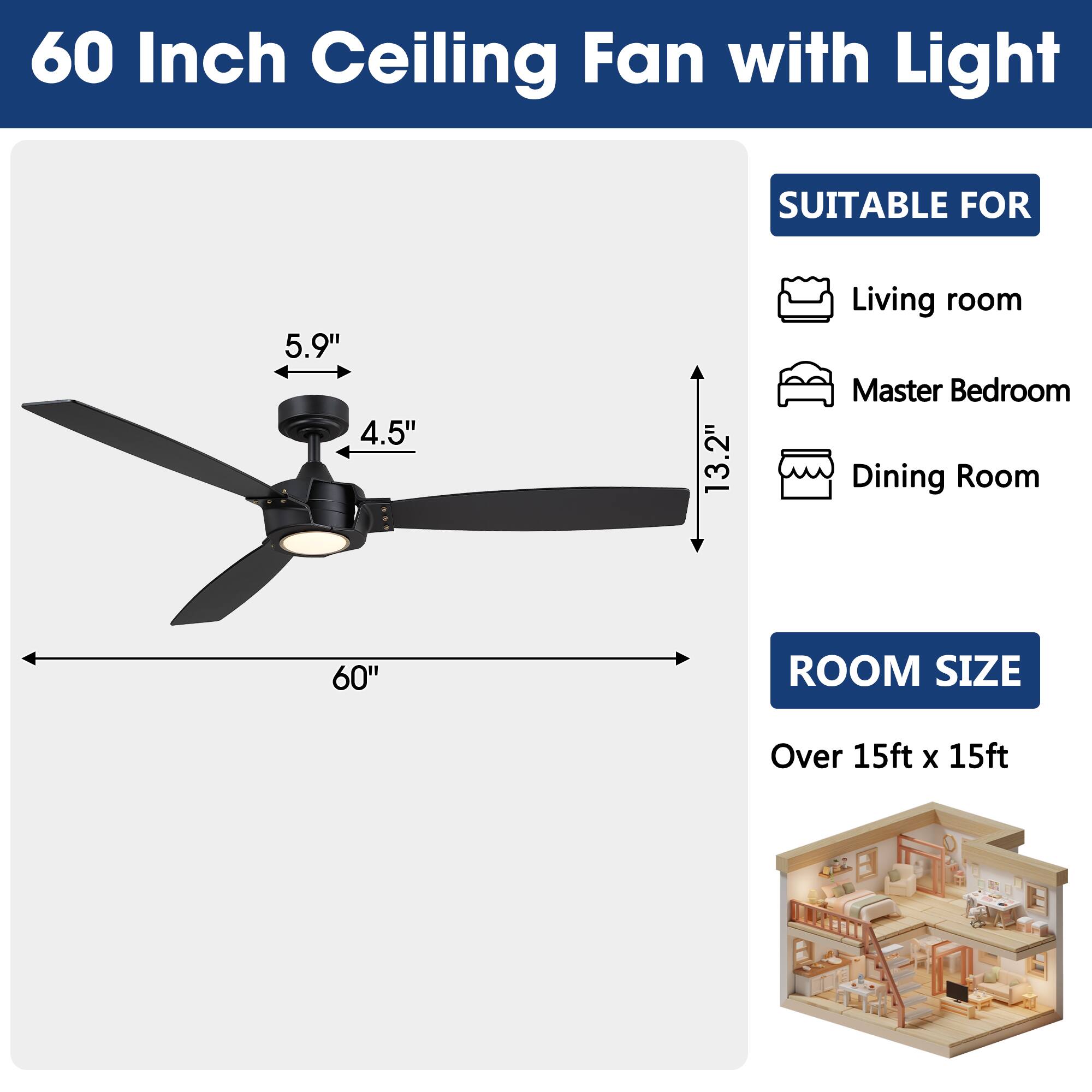 60 Inch Ceiling Fan with Light

SUITABLE FOR
- Living room
- Master Bedroom
- Dining Room

ROOM SIZE
Over 15ft x 15ft