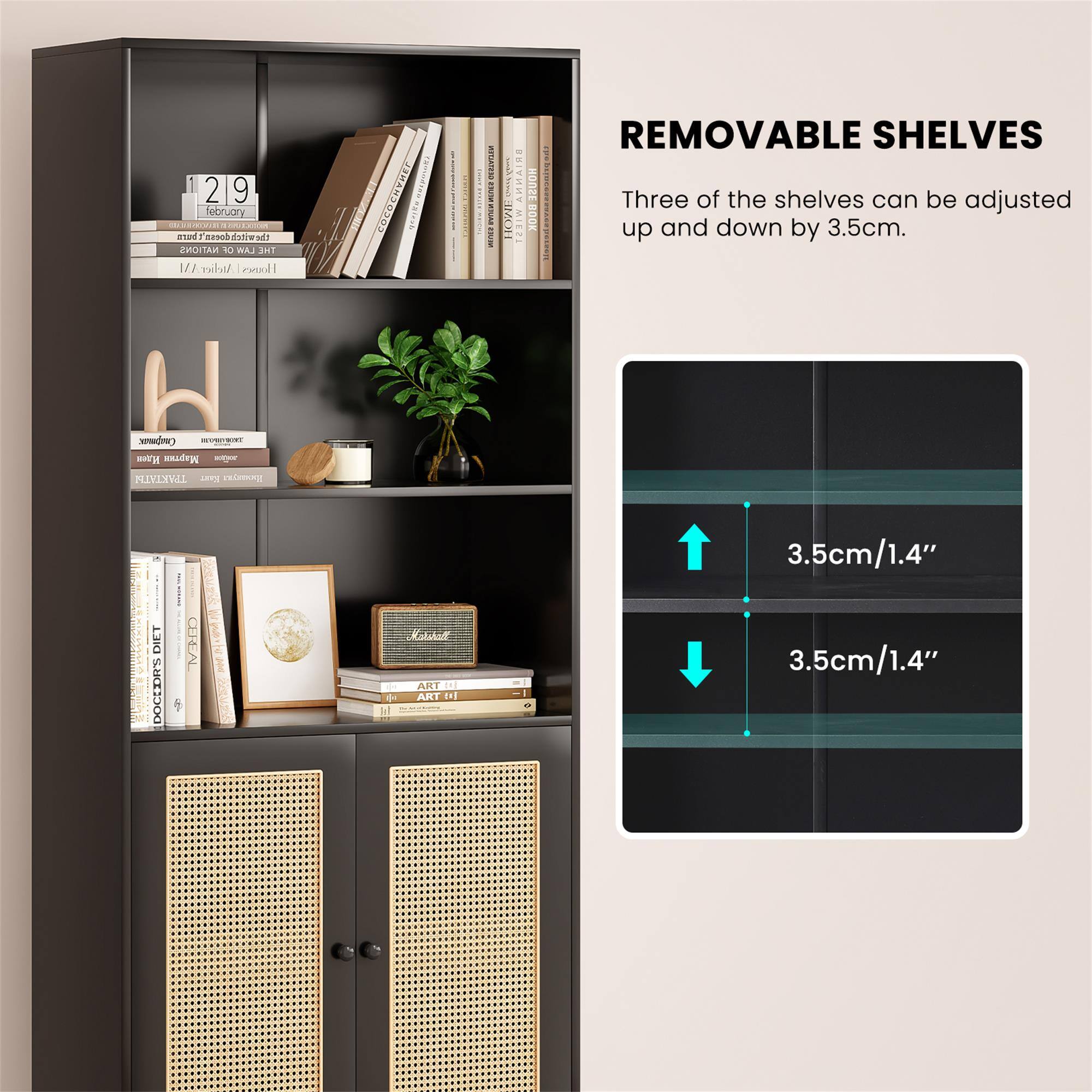 2/9 February  
MODGRAPHICS  
burn doesa thewitch  
NATIONS OF LAW  
THE AM  
Atelier Houses  
COCOCHANEL  
NENRATED NEUJE NEWS NEUES  
WOW  
SI IN ANNA WIE  
OSNOH BOOK  

REMOVABLE SHELVES  
Three of the shelves can be adjusted up and down by 3.5cm.  

activoe  
DIET DOCEJOR'S  

Marchill ART + ART 11  
3.5cm/1.4"  
3.5cm/1.4"